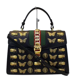 GUCCI Sylvie Animal Studs Calfskin Medium Top Handle Bag Black