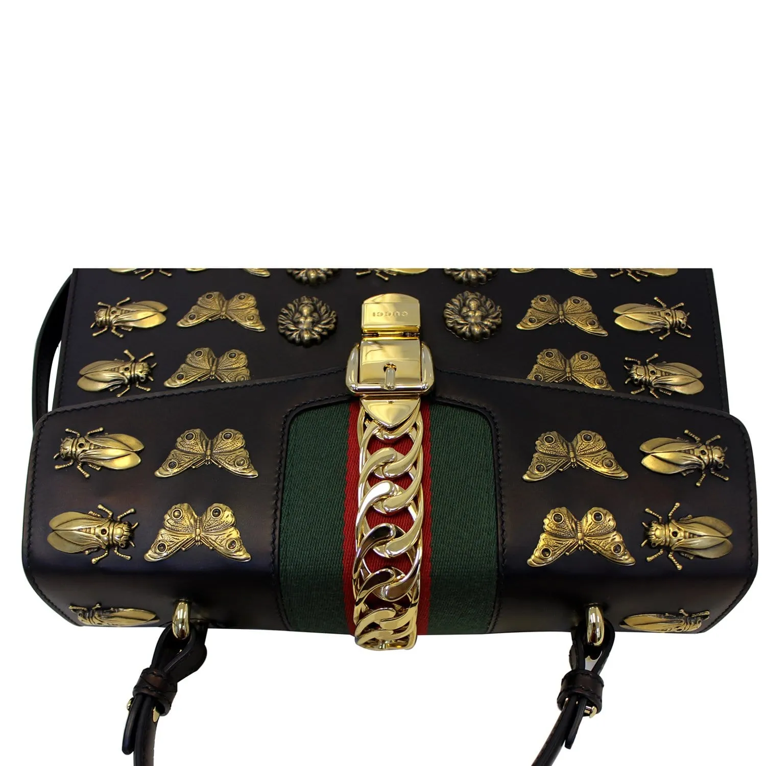 GUCCI Sylvie Animal Studs Calfskin Medium Top Handle Bag Black