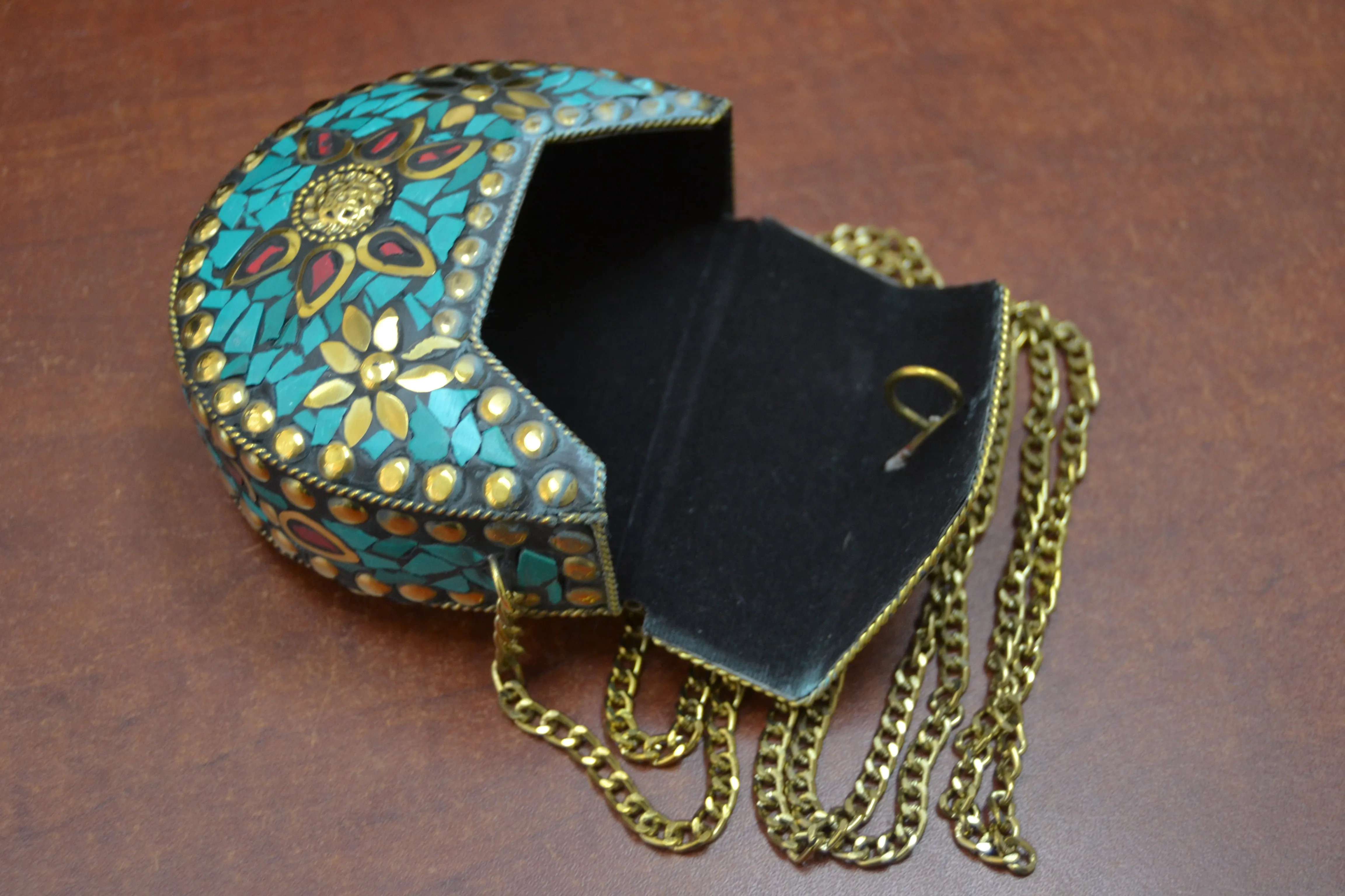 Handmade Turquoise Shell Clutch Brass Metal Purse