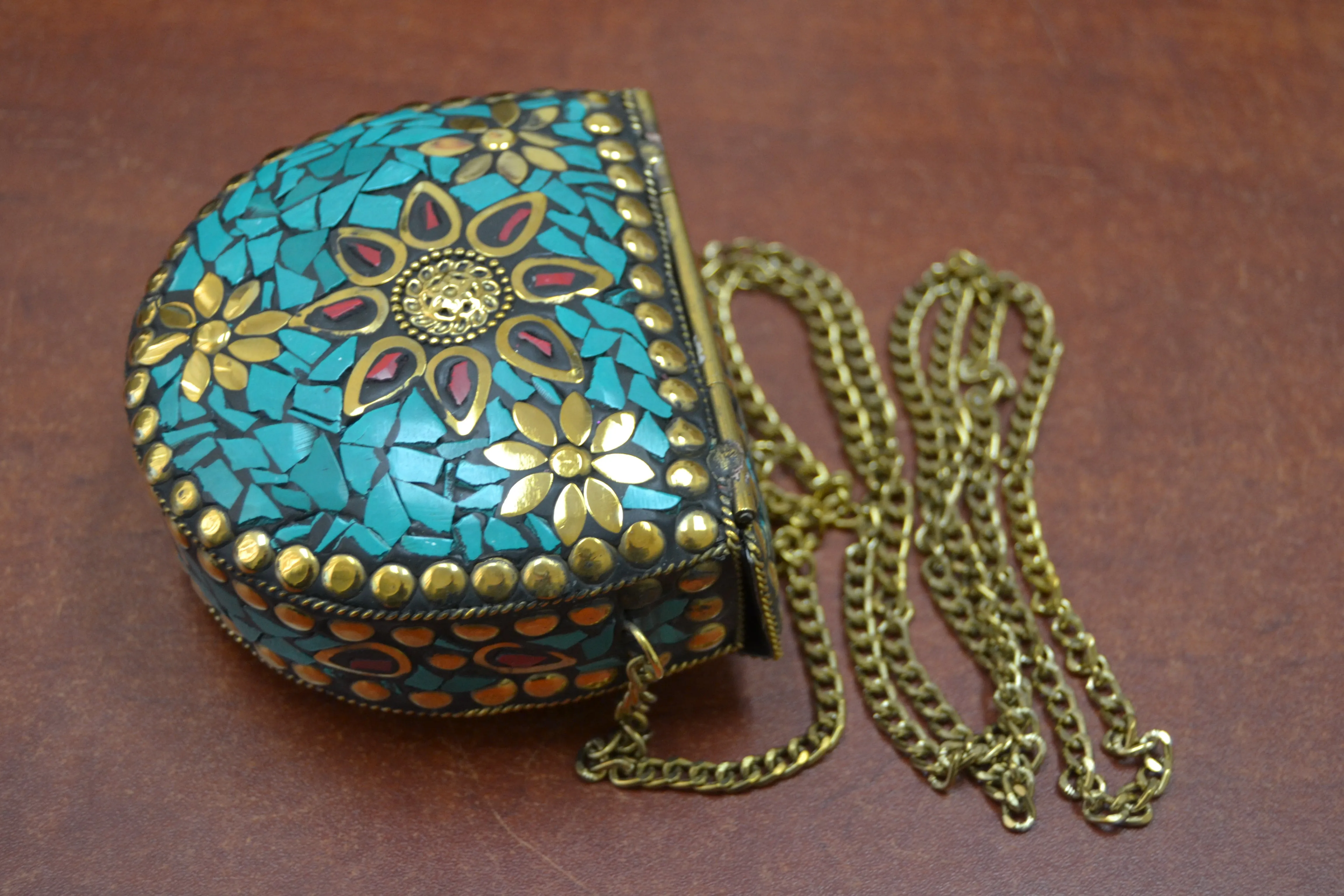 Handmade Turquoise Shell Clutch Brass Metal Purse