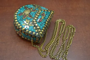 Handmade Turquoise Shell Clutch Brass Metal Purse