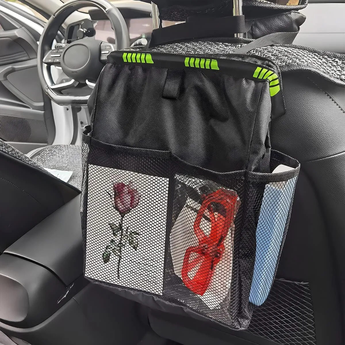 Hanging Car Trash Can with Storage Pockets, Waterproof Leakproof Oxford Auto Garbage Bag, Vehicle Multi-Use Organizer for Outdoor Traveling, Foldable Trash Bin Universal for Truck, SUV, Home