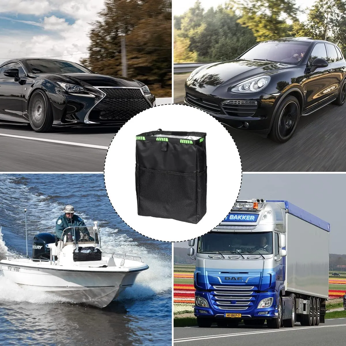 Hanging Car Trash Can with Storage Pockets, Waterproof Leakproof Oxford Auto Garbage Bag, Vehicle Multi-Use Organizer for Outdoor Traveling, Foldable Trash Bin Universal for Truck, SUV, Home