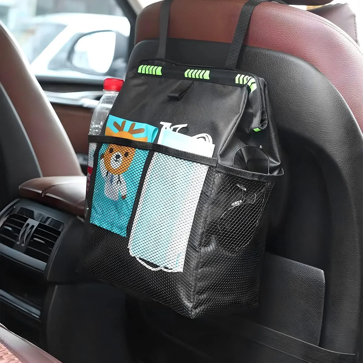 Hanging Car Trash Can with Storage Pockets, Waterproof Leakproof Oxford Auto Garbage Bag, Vehicle Multi-Use Organizer for Outdoor Traveling, Foldable Trash Bin Universal for Truck, SUV, Home