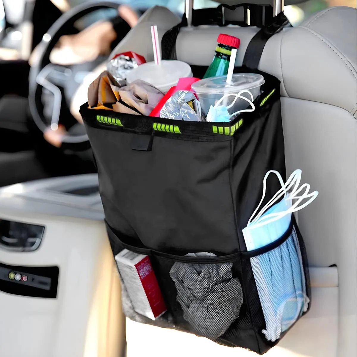 Hanging Car Trash Can with Storage Pockets, Waterproof Leakproof Oxford Auto Garbage Bag, Vehicle Multi-Use Organizer for Outdoor Traveling, Foldable Trash Bin Universal for Truck, SUV, Home