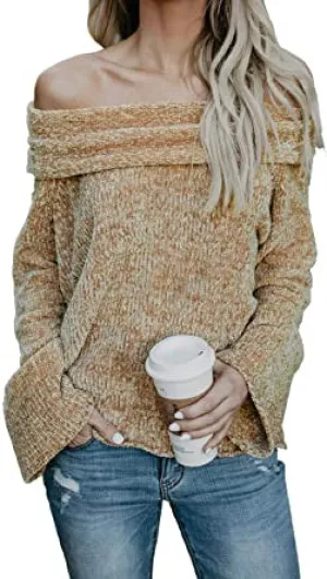 Khaki Velvet Off The Shoulder Sweater
