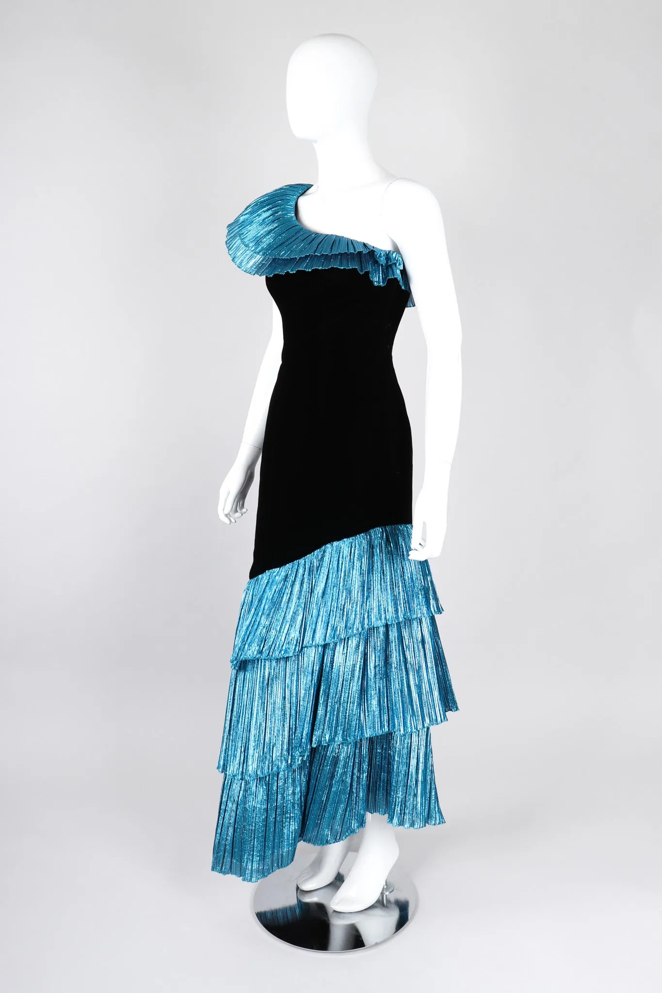 Lamé Ruffle One-Shoulder Gown