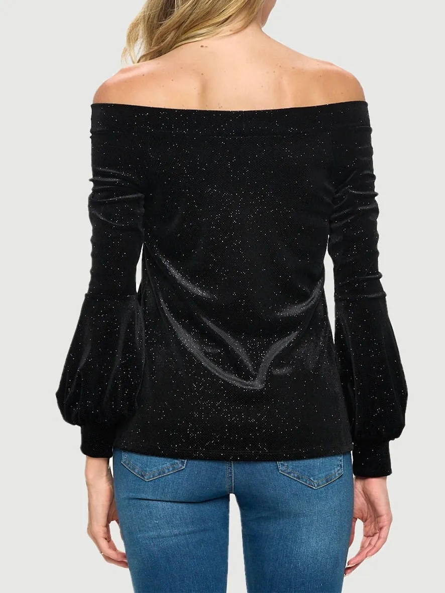 Long Sleeve Glitter Off Shoulder Top - Black