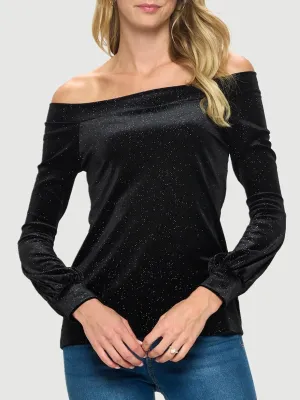 Long Sleeve Glitter Off Shoulder Top - Black