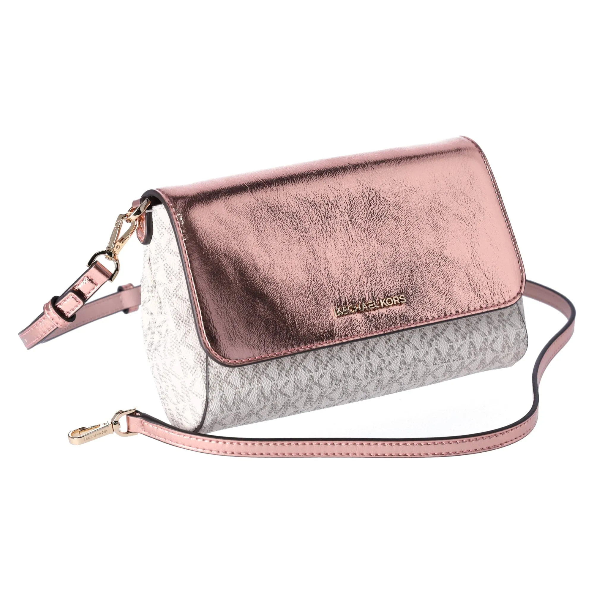 Michael Kors Jet Set MD Convertible Pouchette Crossbody Vanilla MK Pink Metallic