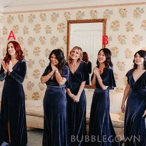 Navy Blue Velvet V-neck Cheap Long Custom Bridesmaid Dresses , BGB0044