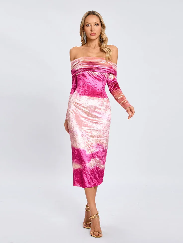 Off Shoulder Long Sleeve Tie Dye Midi Dress KLYF1333