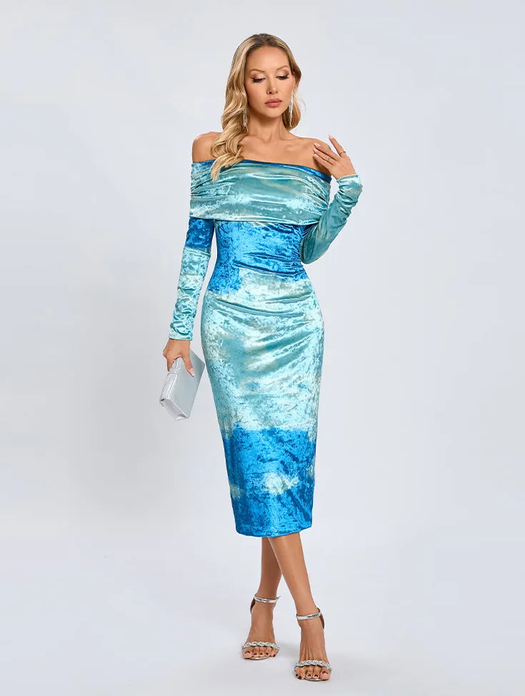 Off Shoulder Long Sleeve Tie Dye Midi Dress KLYF1333