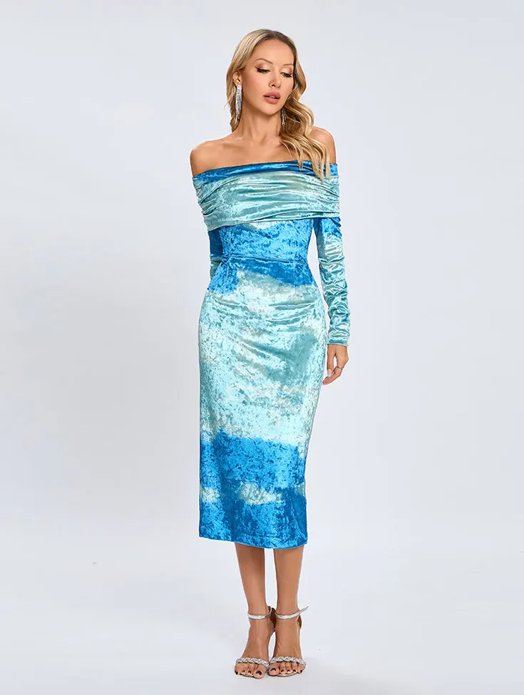 Off Shoulder Long Sleeve Tie Dye Midi Dress KLYF1333