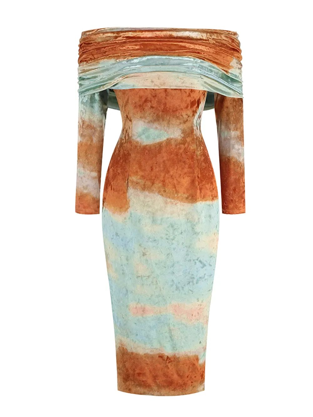 Off Shoulder Long Sleeve Tie Dye Midi Dress KLYF1333