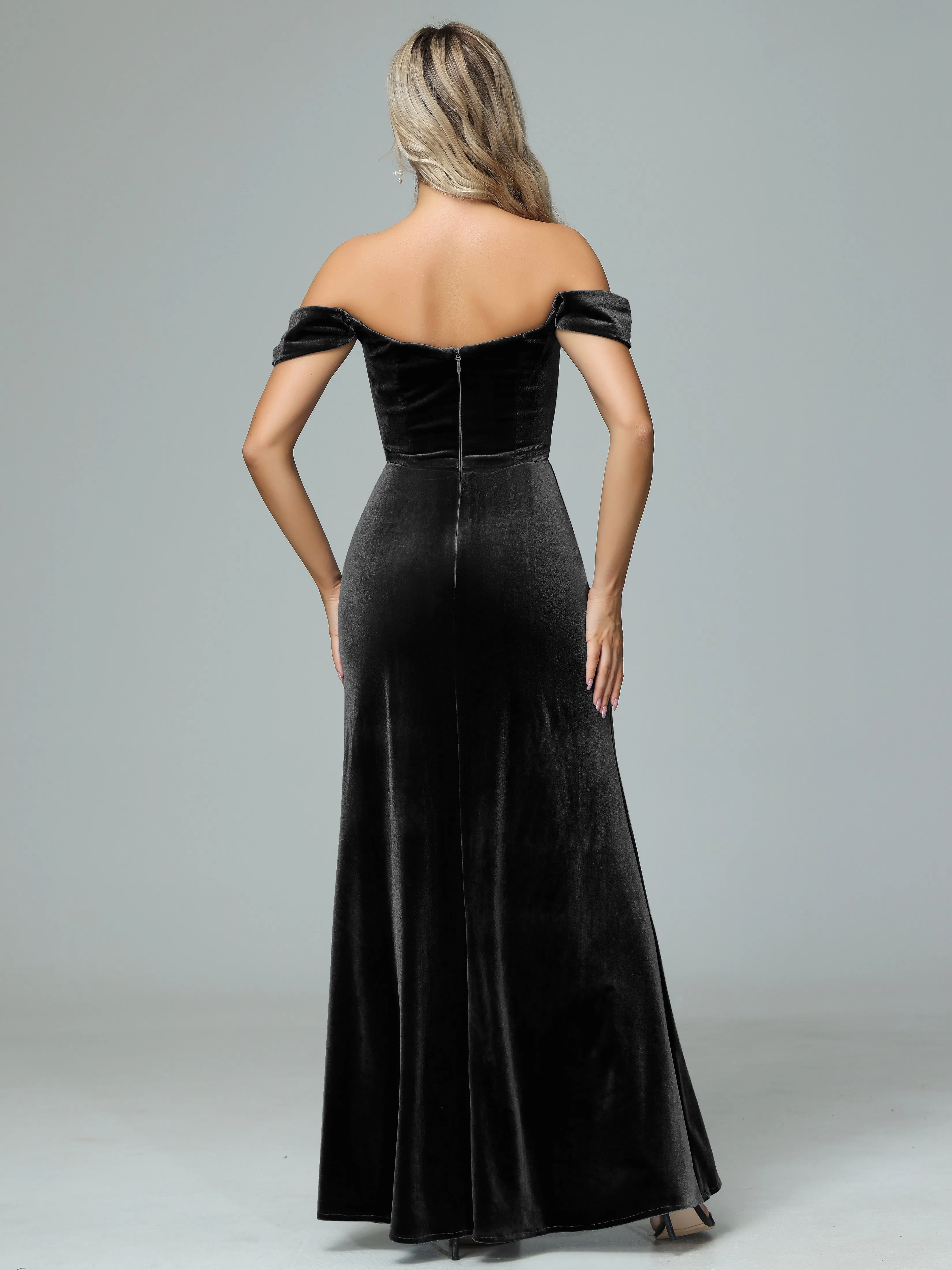 Off the Shoulder Column Velvet Bridesmaid Dresses with Slit