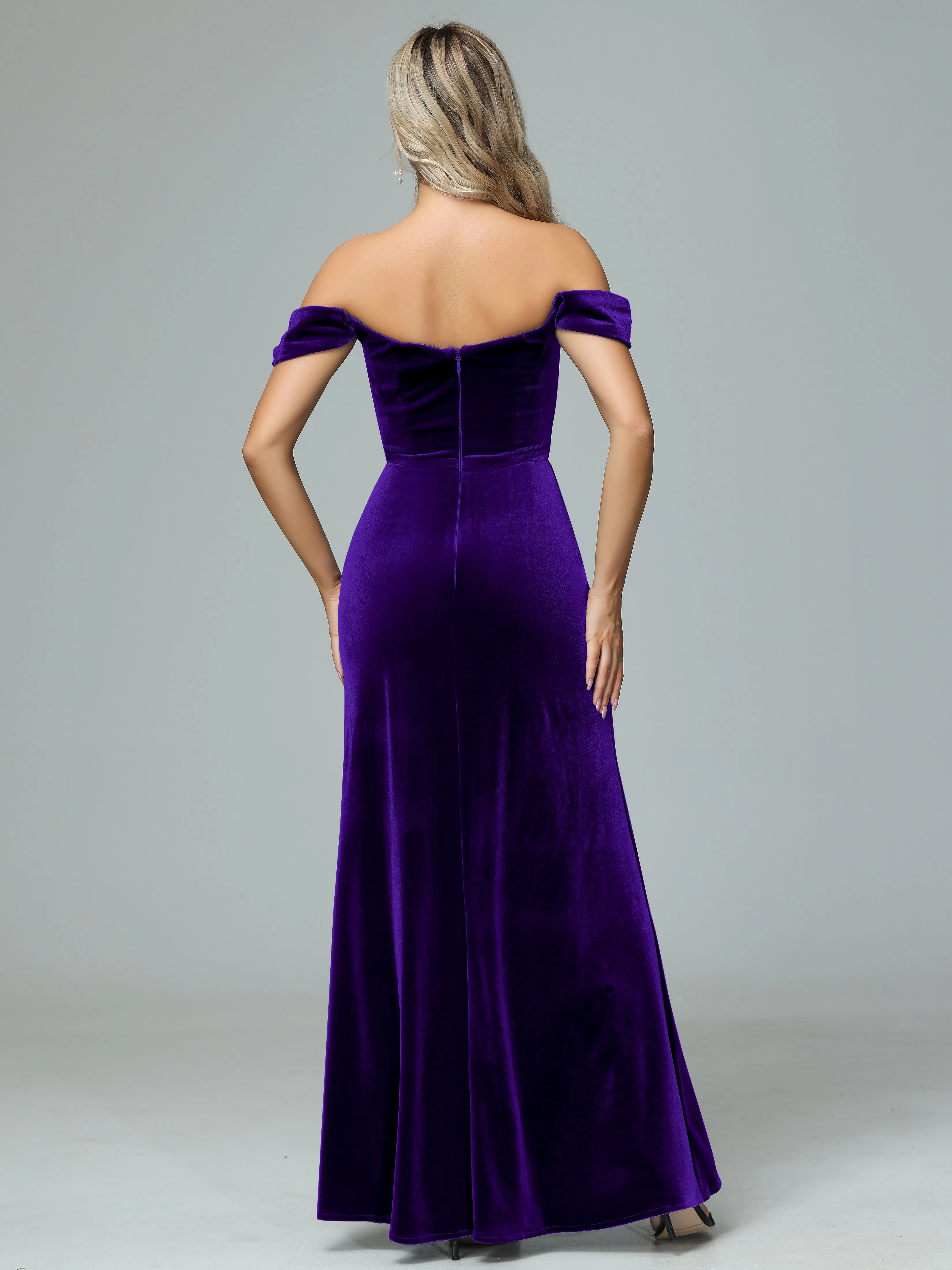 Off the Shoulder Column Velvet Bridesmaid Dresses with Slit