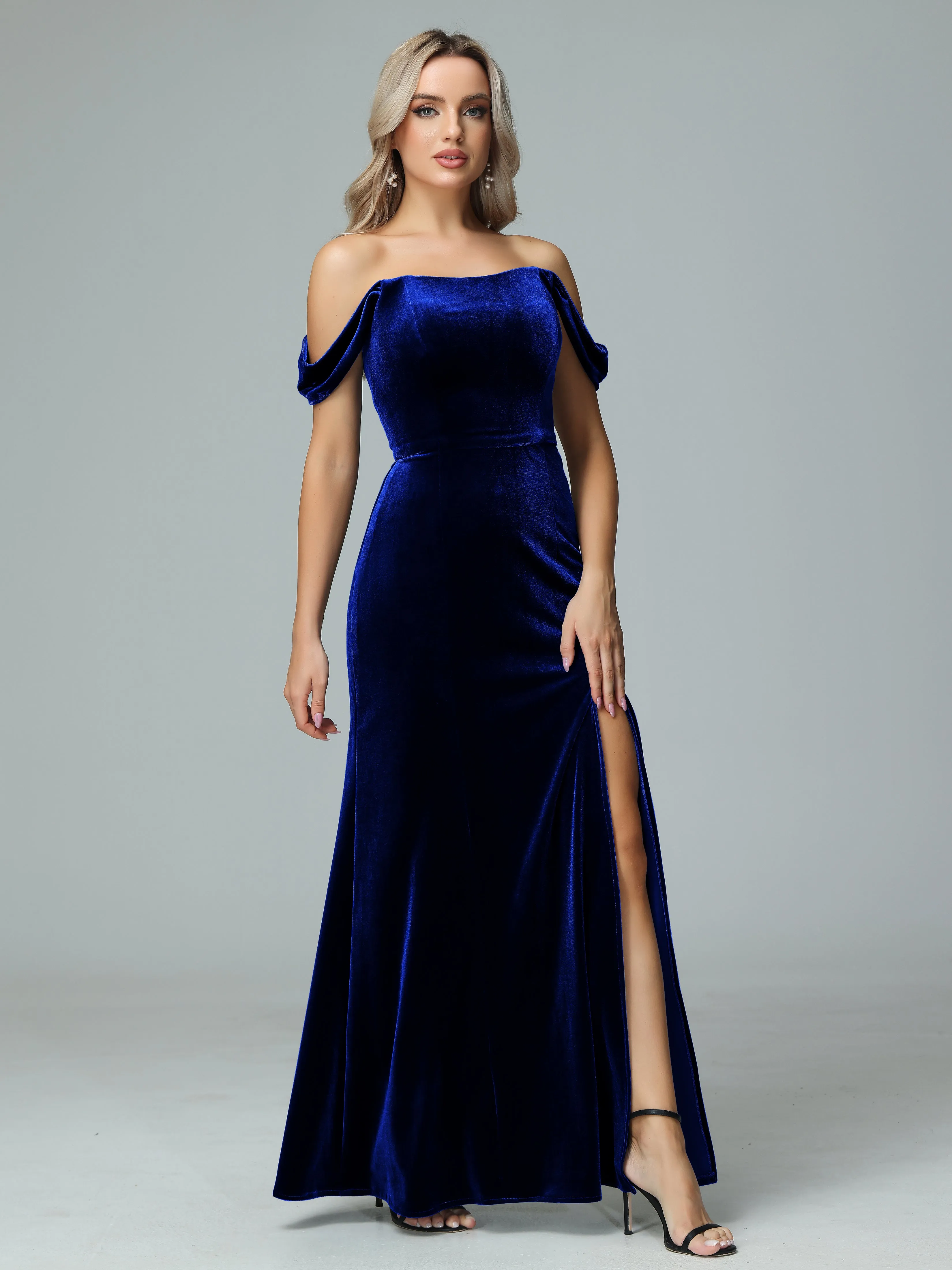Off the Shoulder Column Velvet Bridesmaid Dresses with Slit