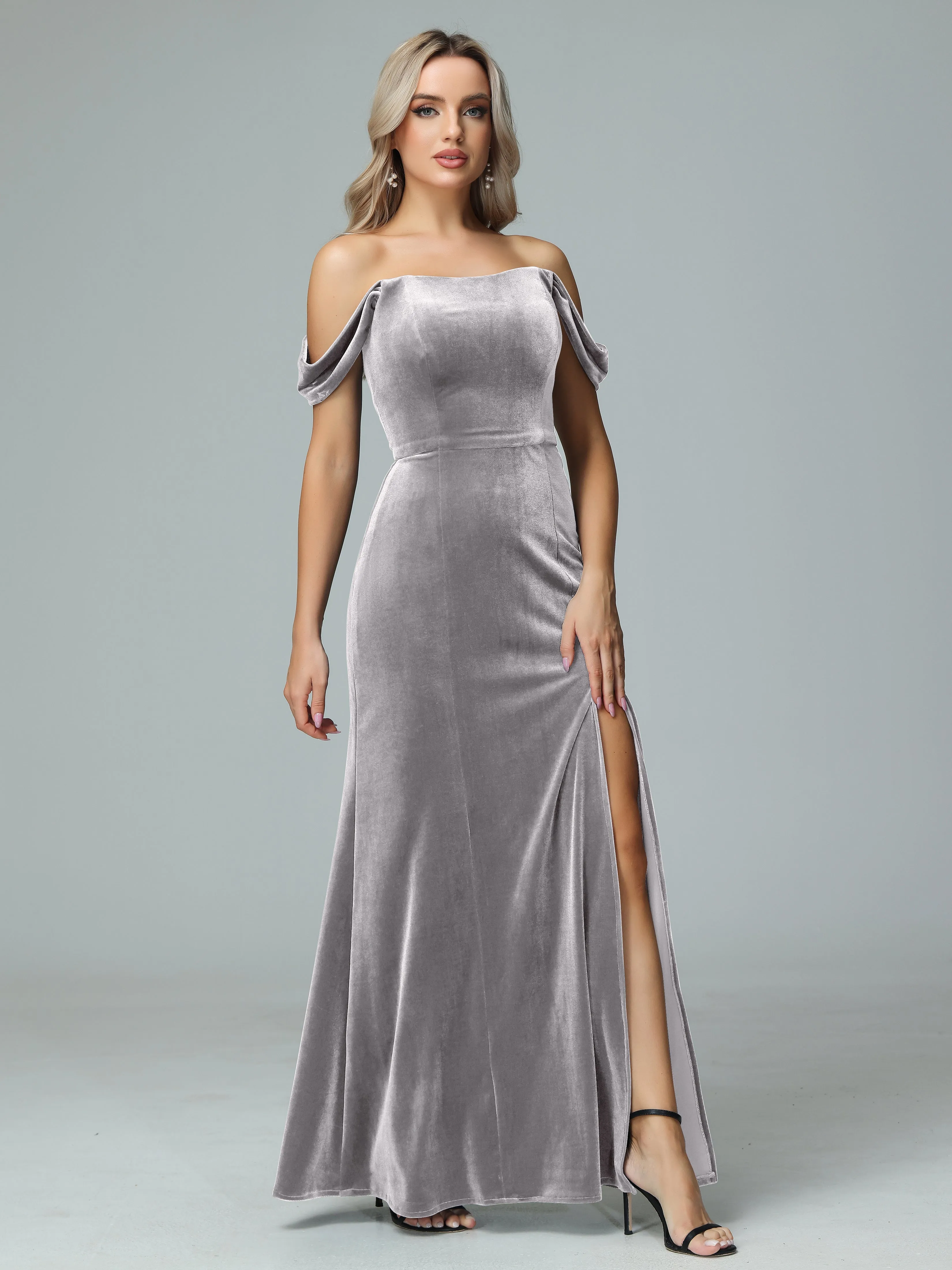 Off the Shoulder Column Velvet Bridesmaid Dresses with Slit