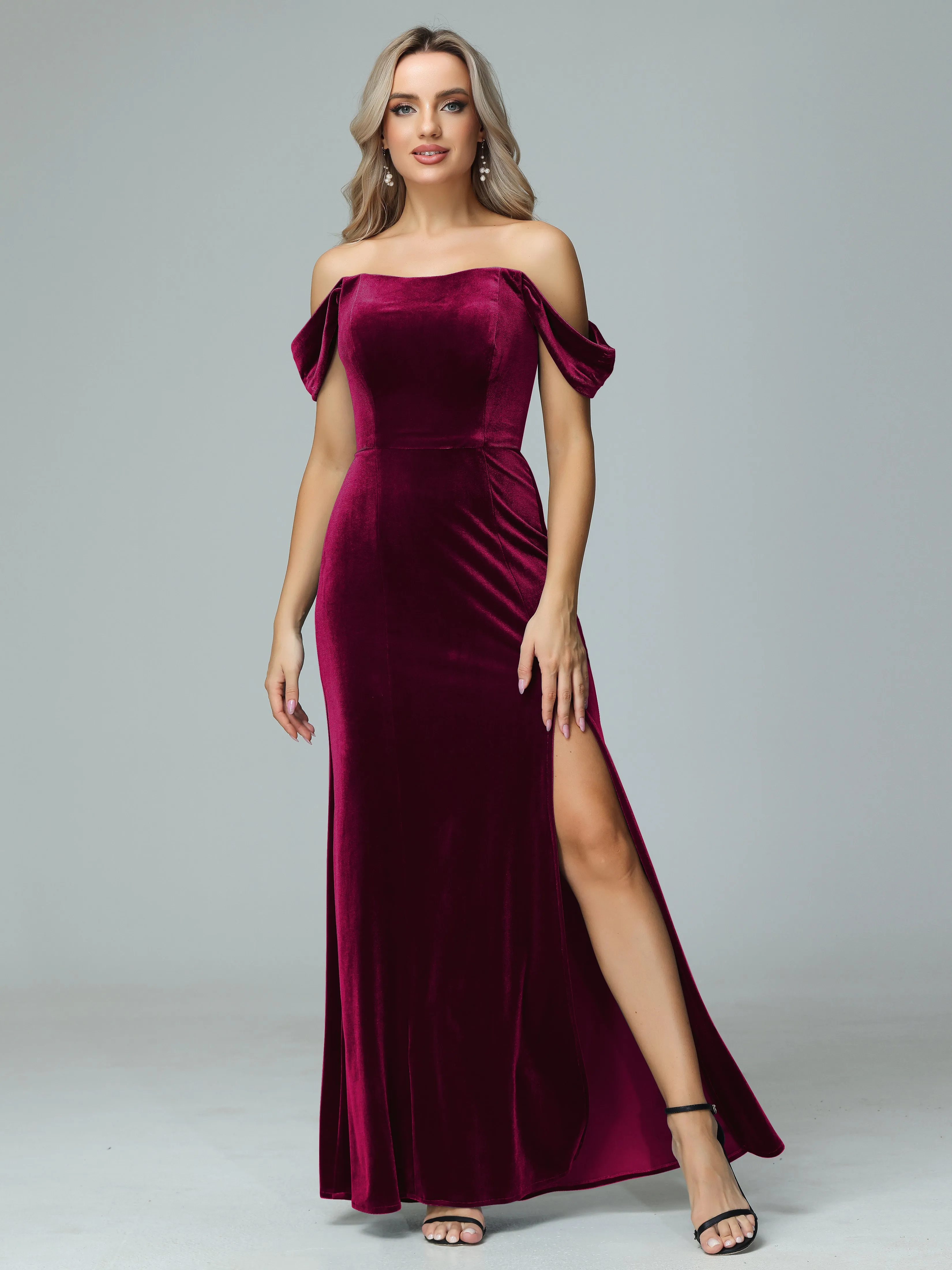 Off the Shoulder Column Velvet Bridesmaid Dresses with Slit