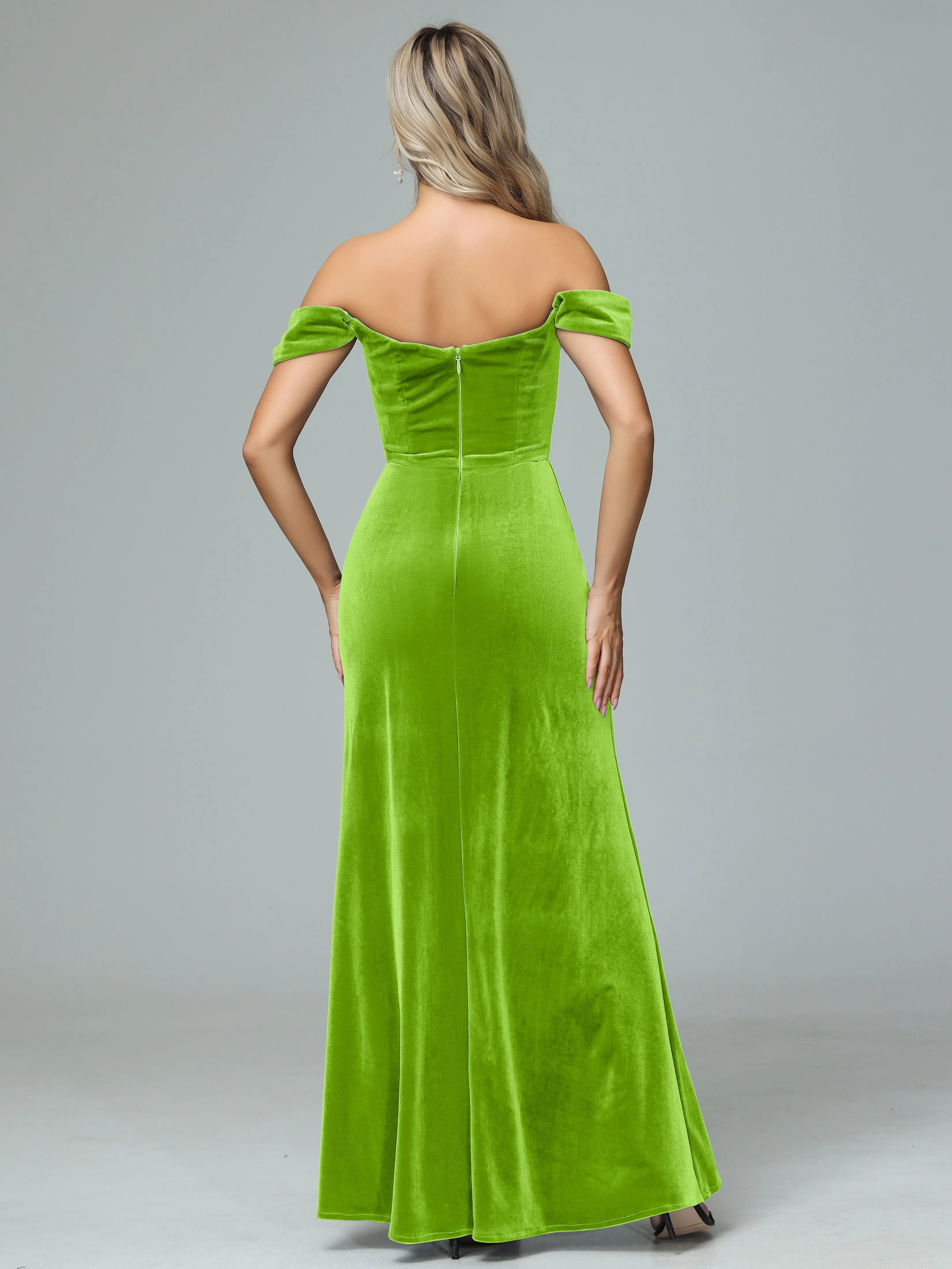 Off the Shoulder Column Velvet Bridesmaid Dresses with Slit