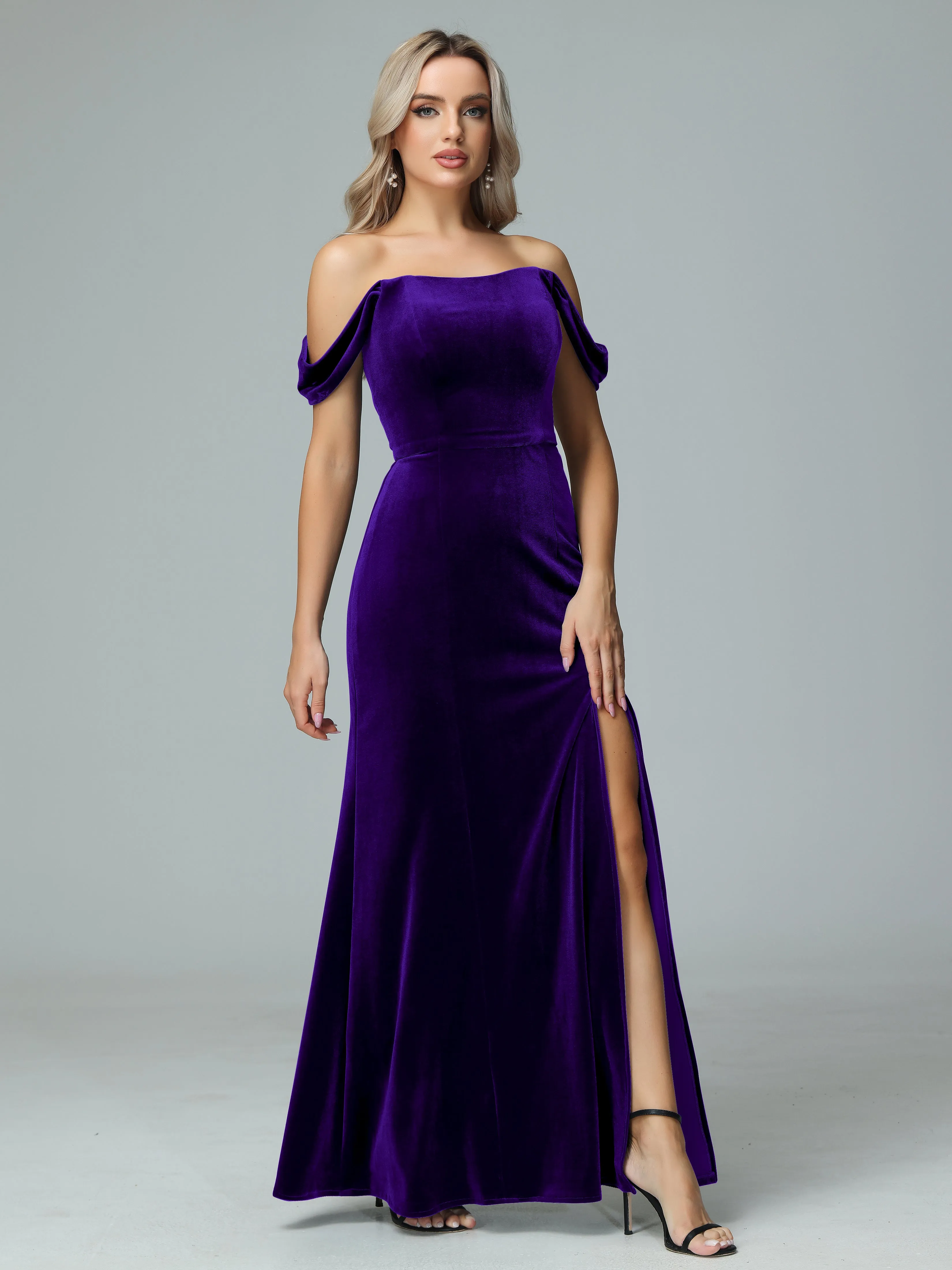 Off the Shoulder Column Velvet Bridesmaid Dresses with Slit