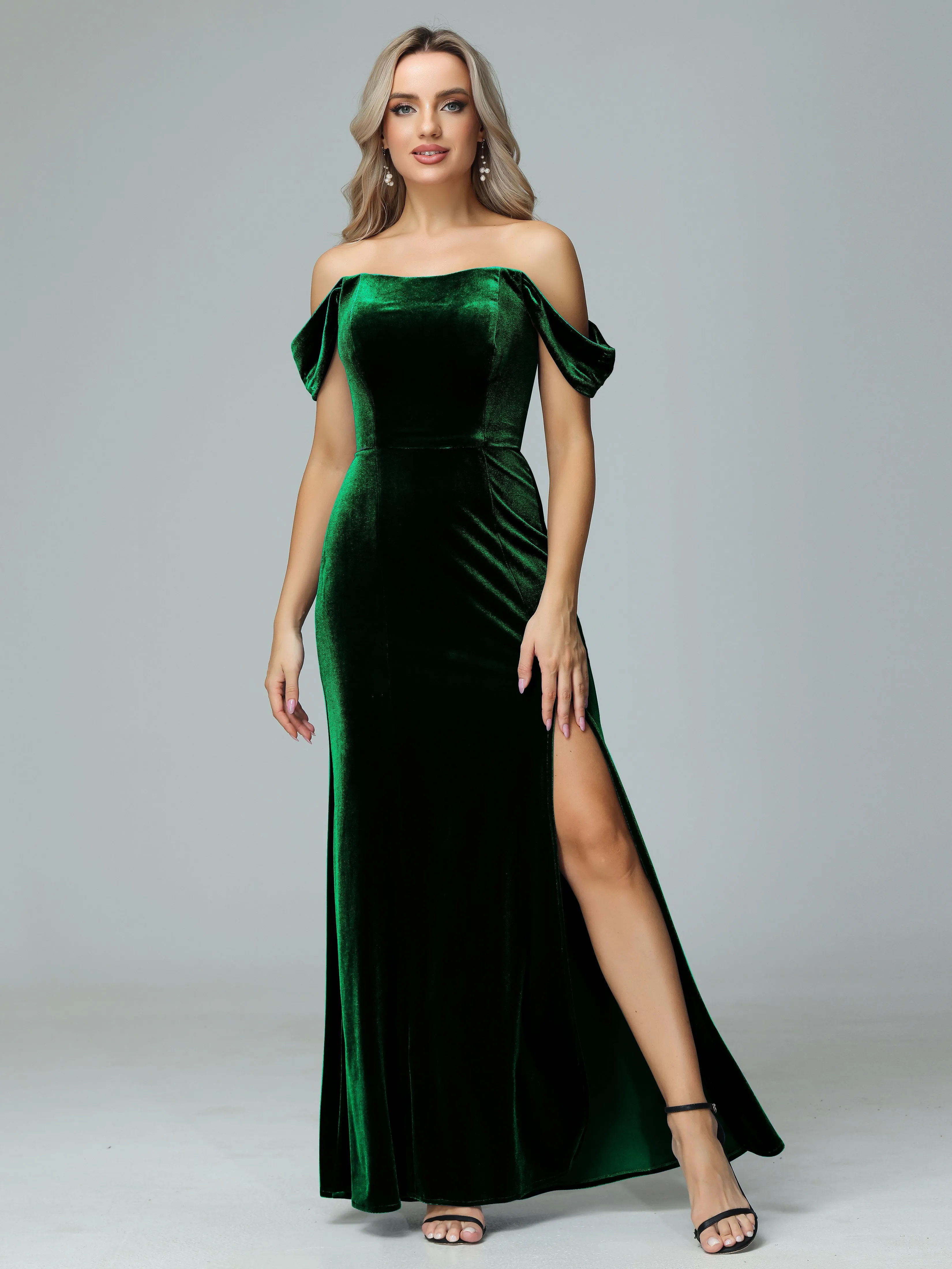 Off the Shoulder Column Velvet Bridesmaid Dresses with Slit
