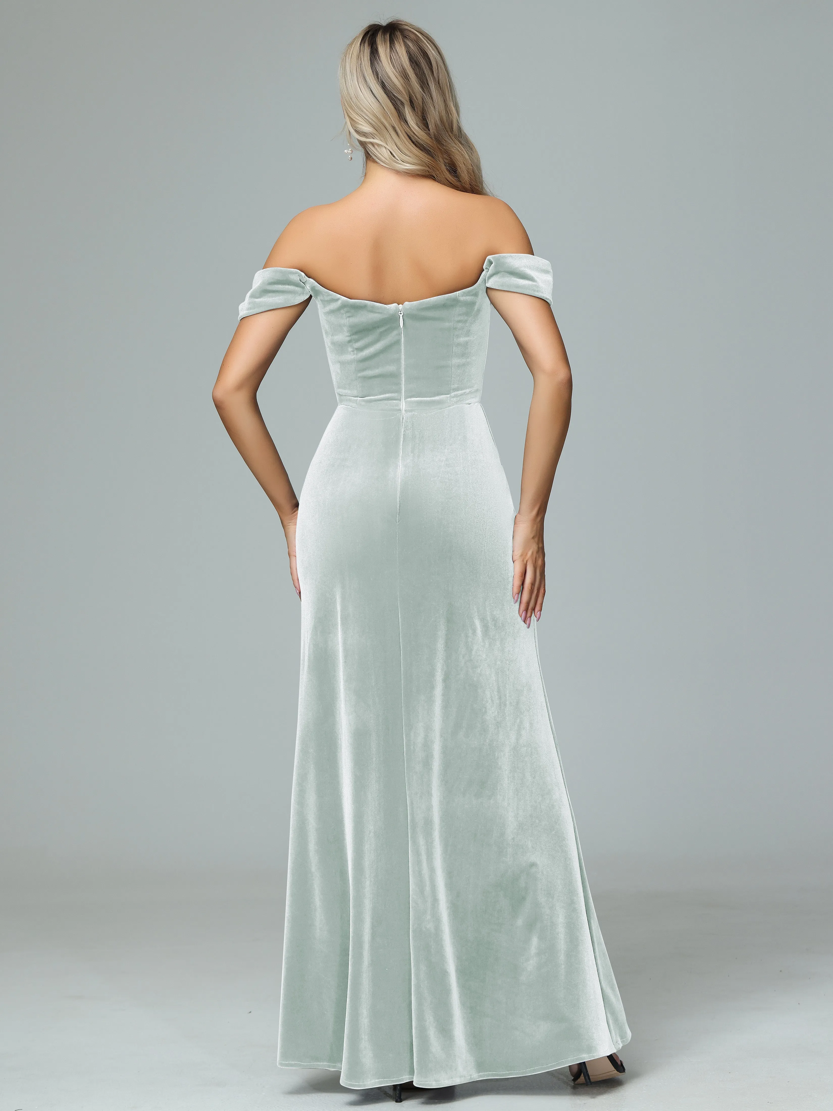 Off the Shoulder Column Velvet Bridesmaid Dresses with Slit