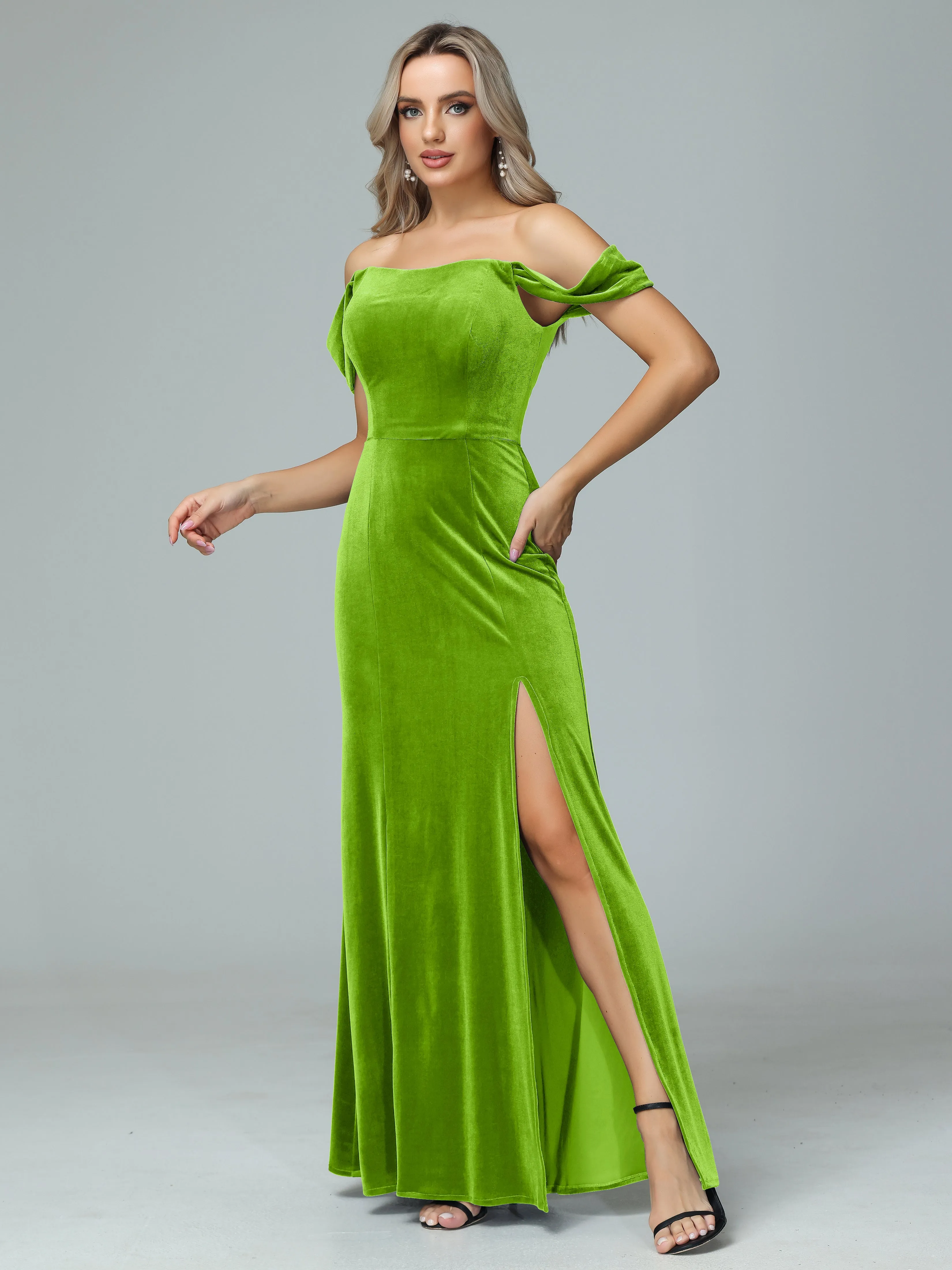 Off the Shoulder Column Velvet Bridesmaid Dresses with Slit