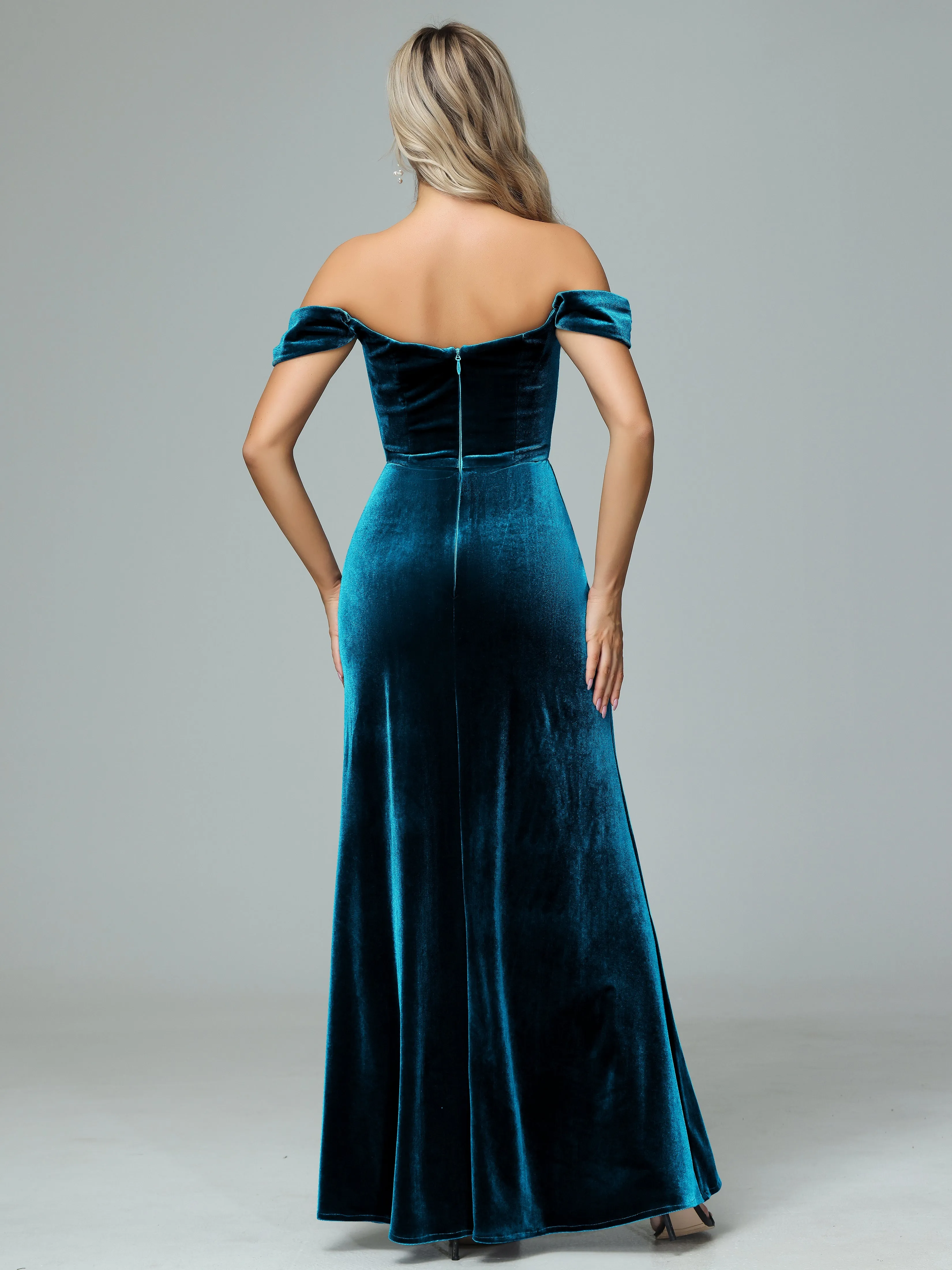 Off the Shoulder Column Velvet Bridesmaid Dresses with Slit