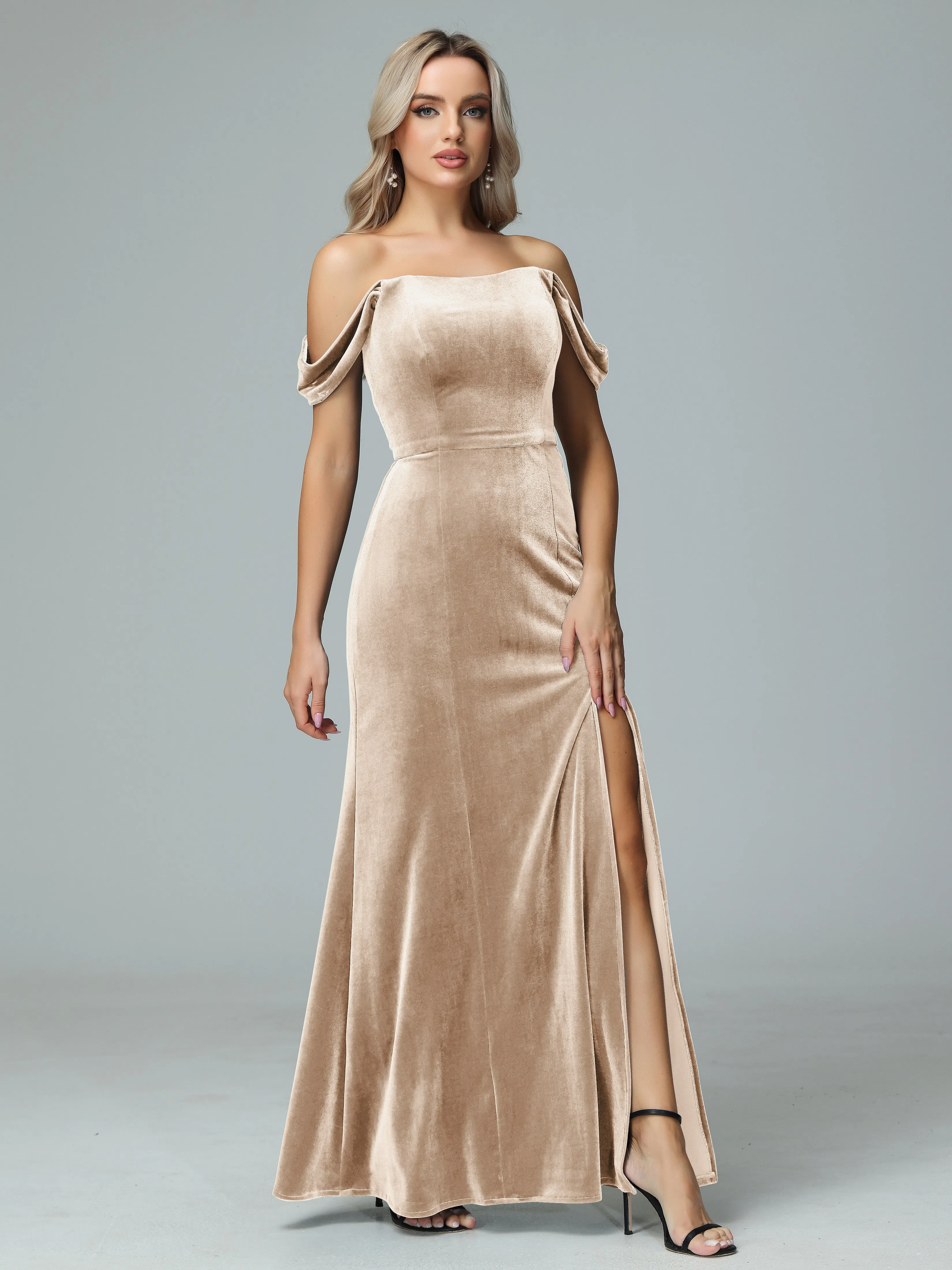Off the Shoulder Column Velvet Bridesmaid Dresses with Slit