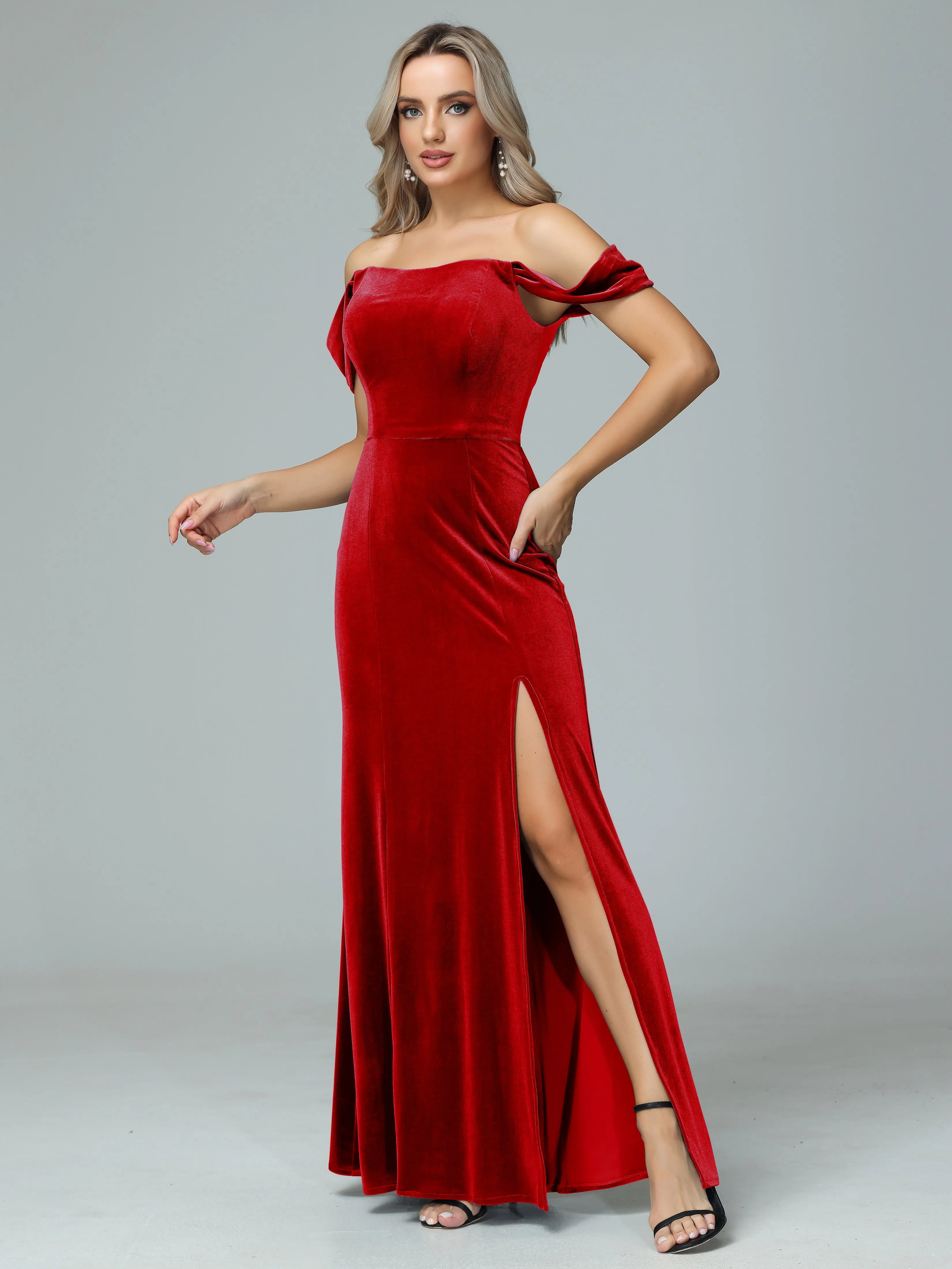 Off the Shoulder Column Velvet Bridesmaid Dresses with Slit