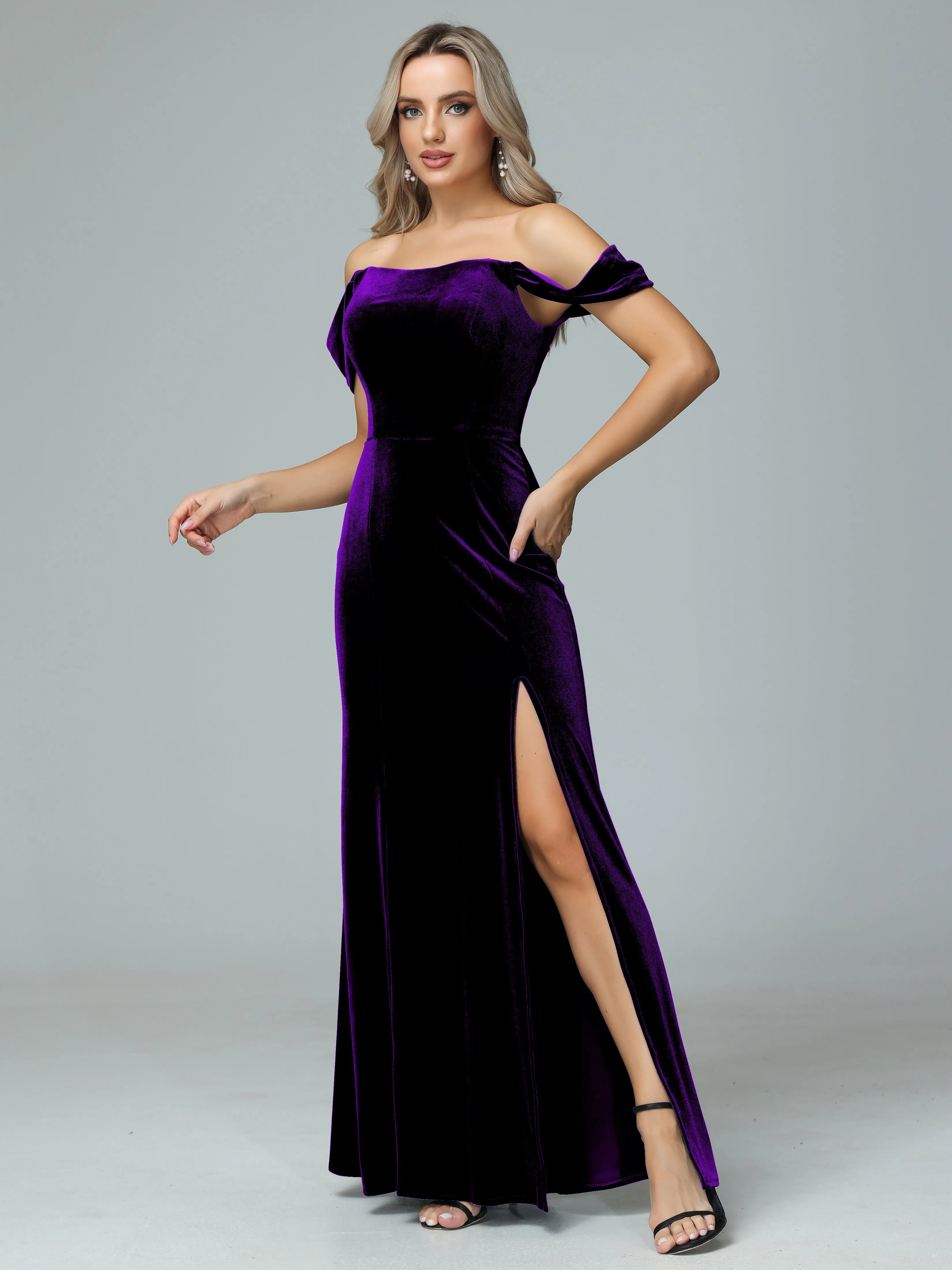 Off the Shoulder Column Velvet Bridesmaid Dresses with Slit