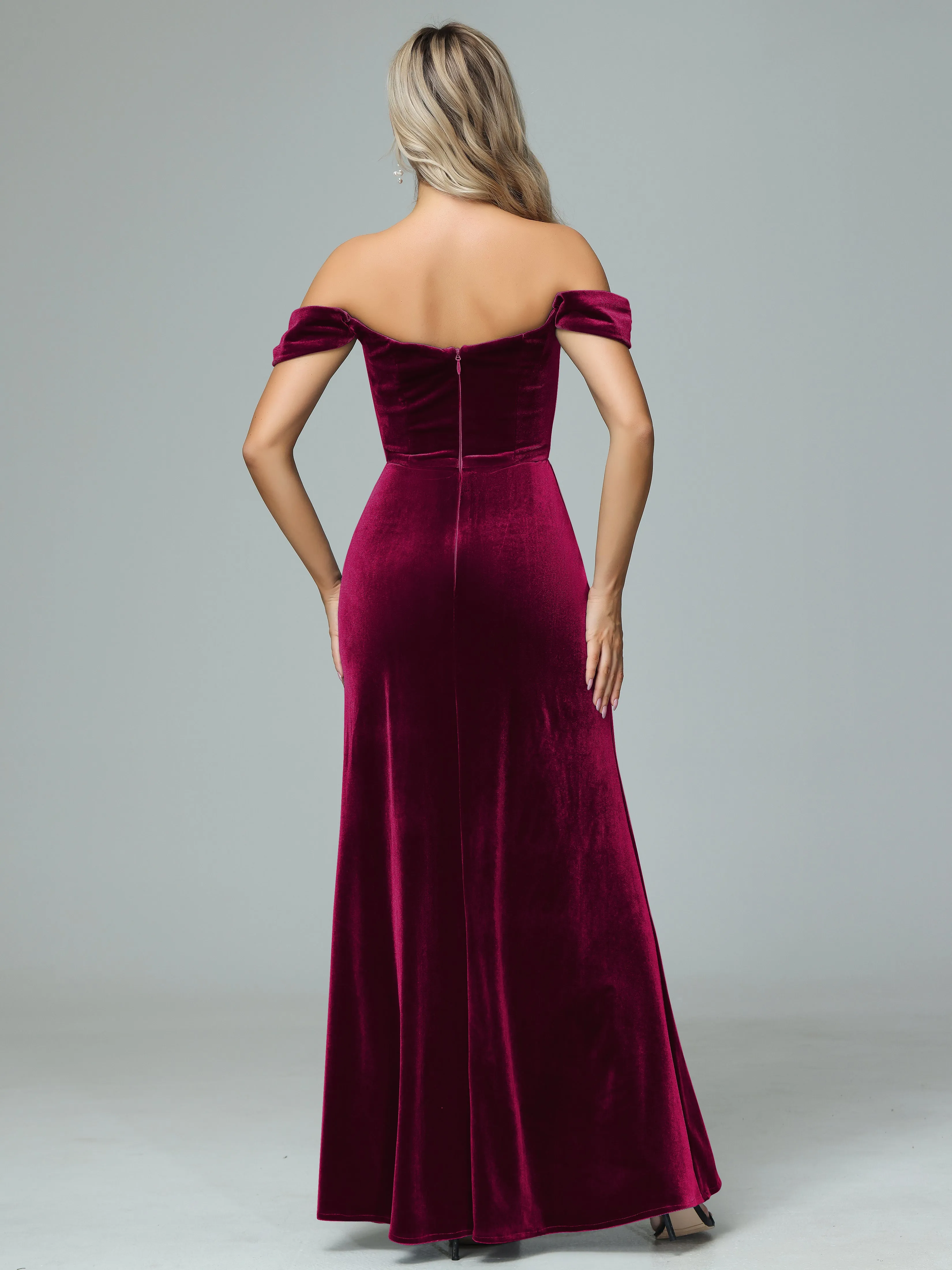 Off the Shoulder Column Velvet Bridesmaid Dresses with Slit