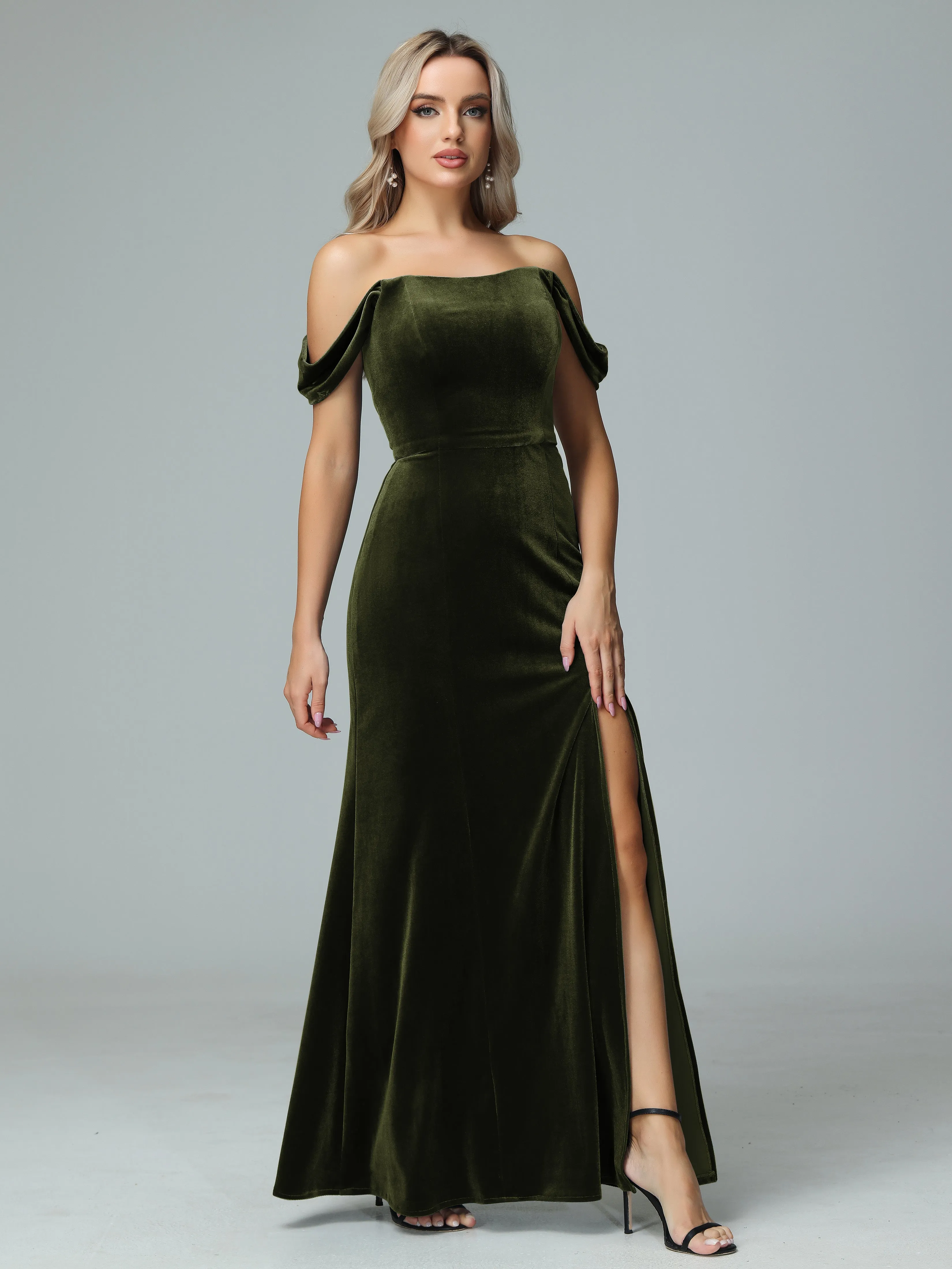 Off the Shoulder Column Velvet Bridesmaid Dresses with Slit