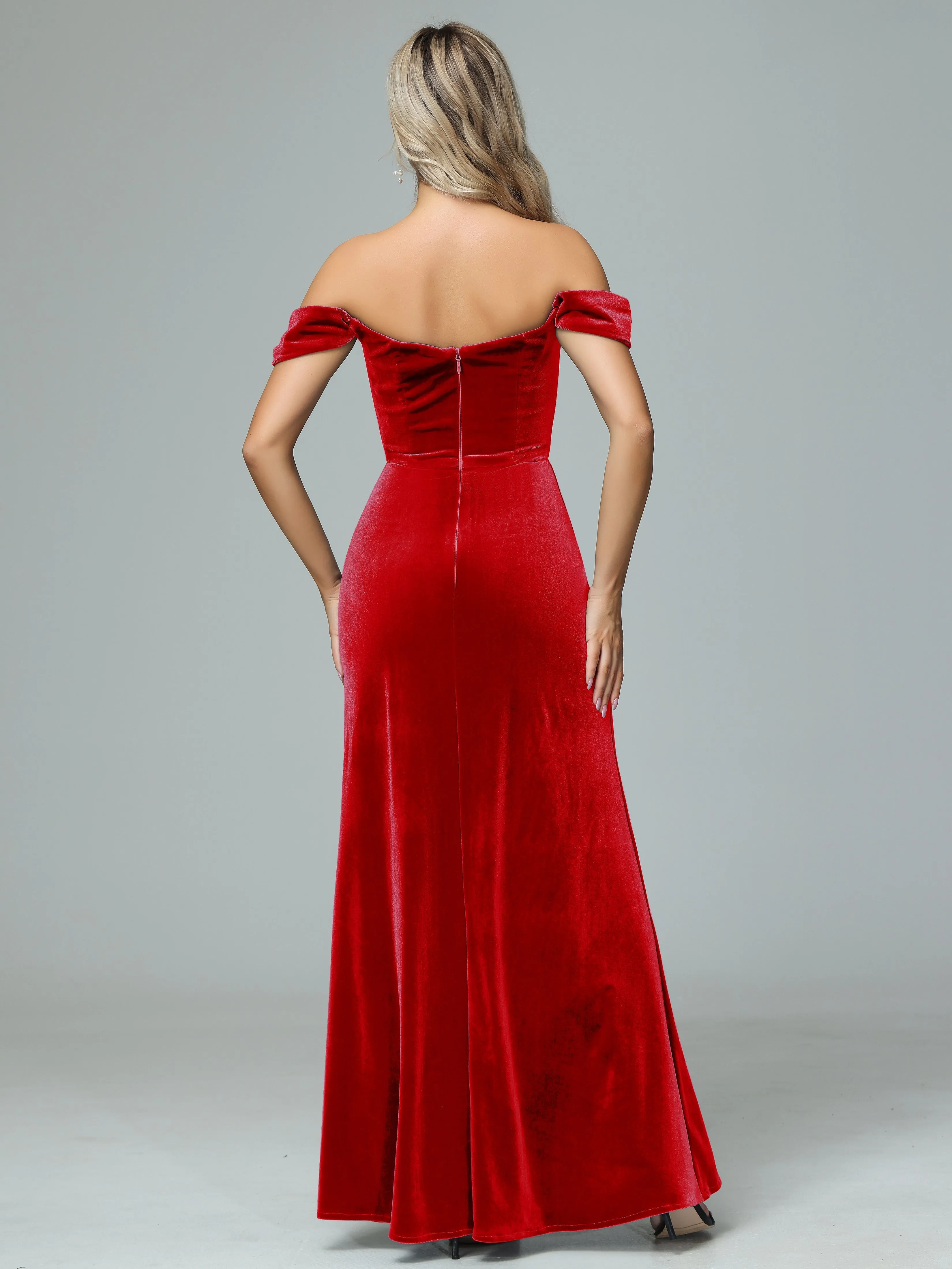 Off the Shoulder Column Velvet Bridesmaid Dresses with Slit
