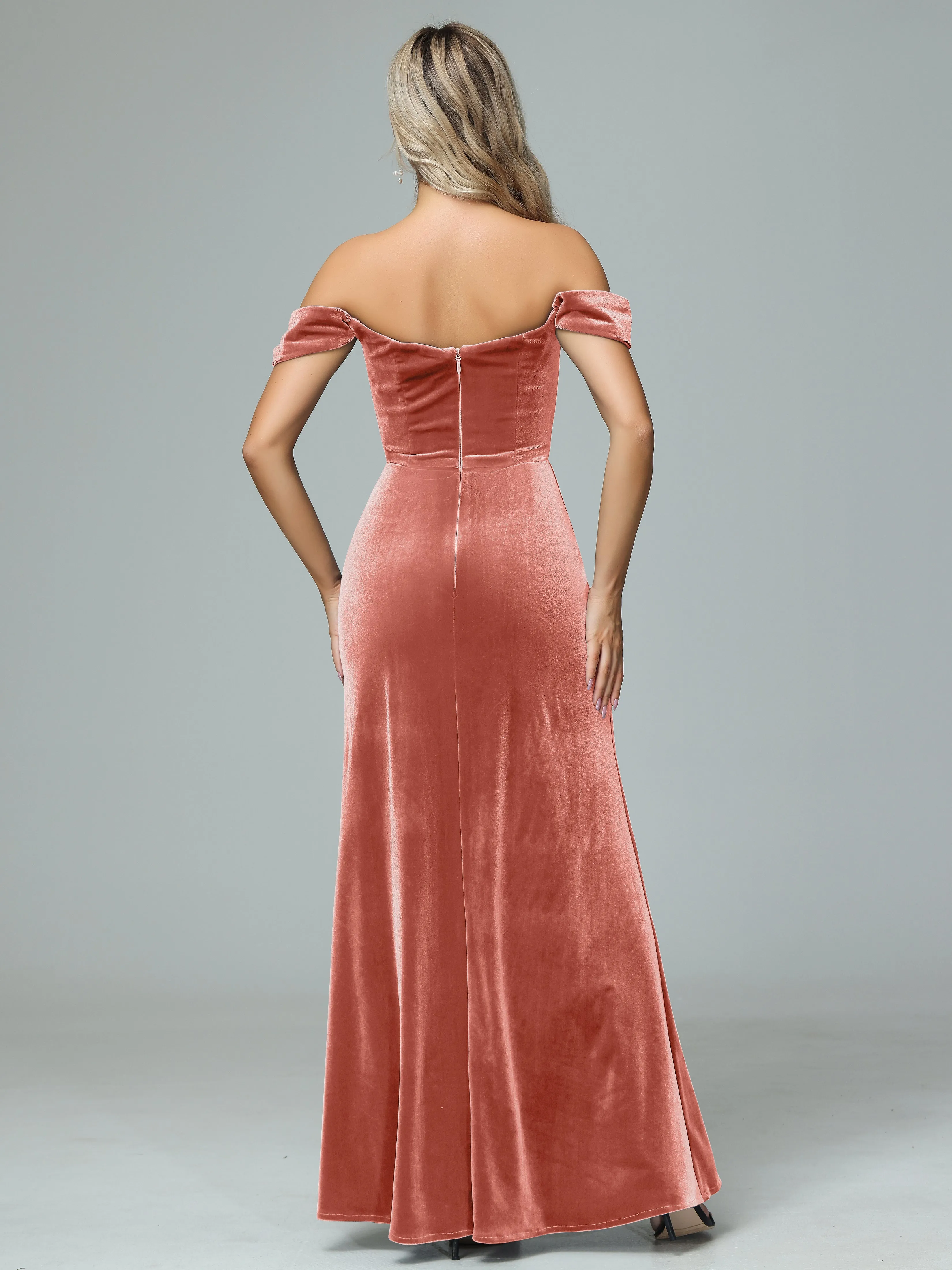 Off the Shoulder Column Velvet Bridesmaid Dresses with Slit
