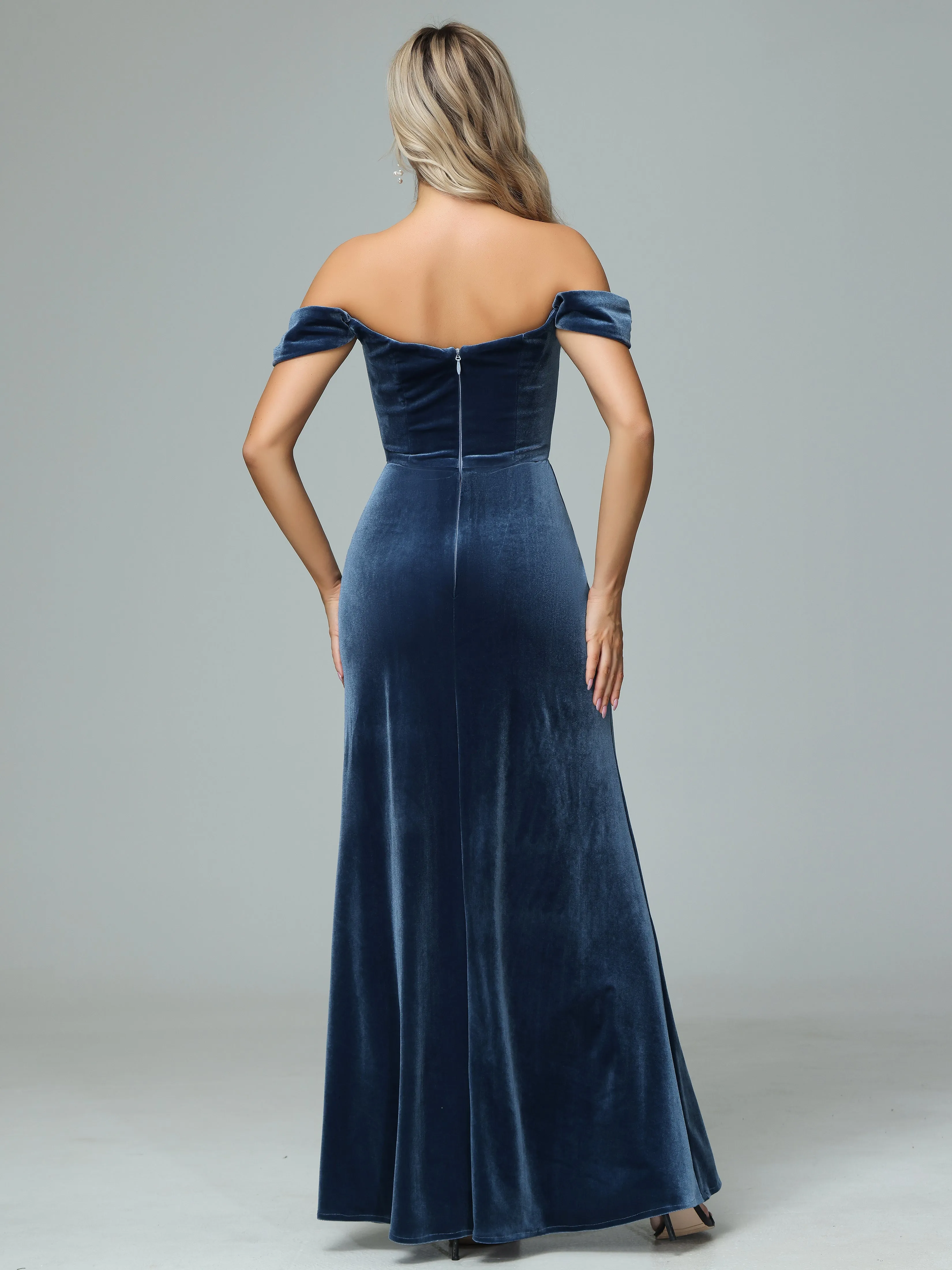 Off the Shoulder Column Velvet Bridesmaid Dresses with Slit