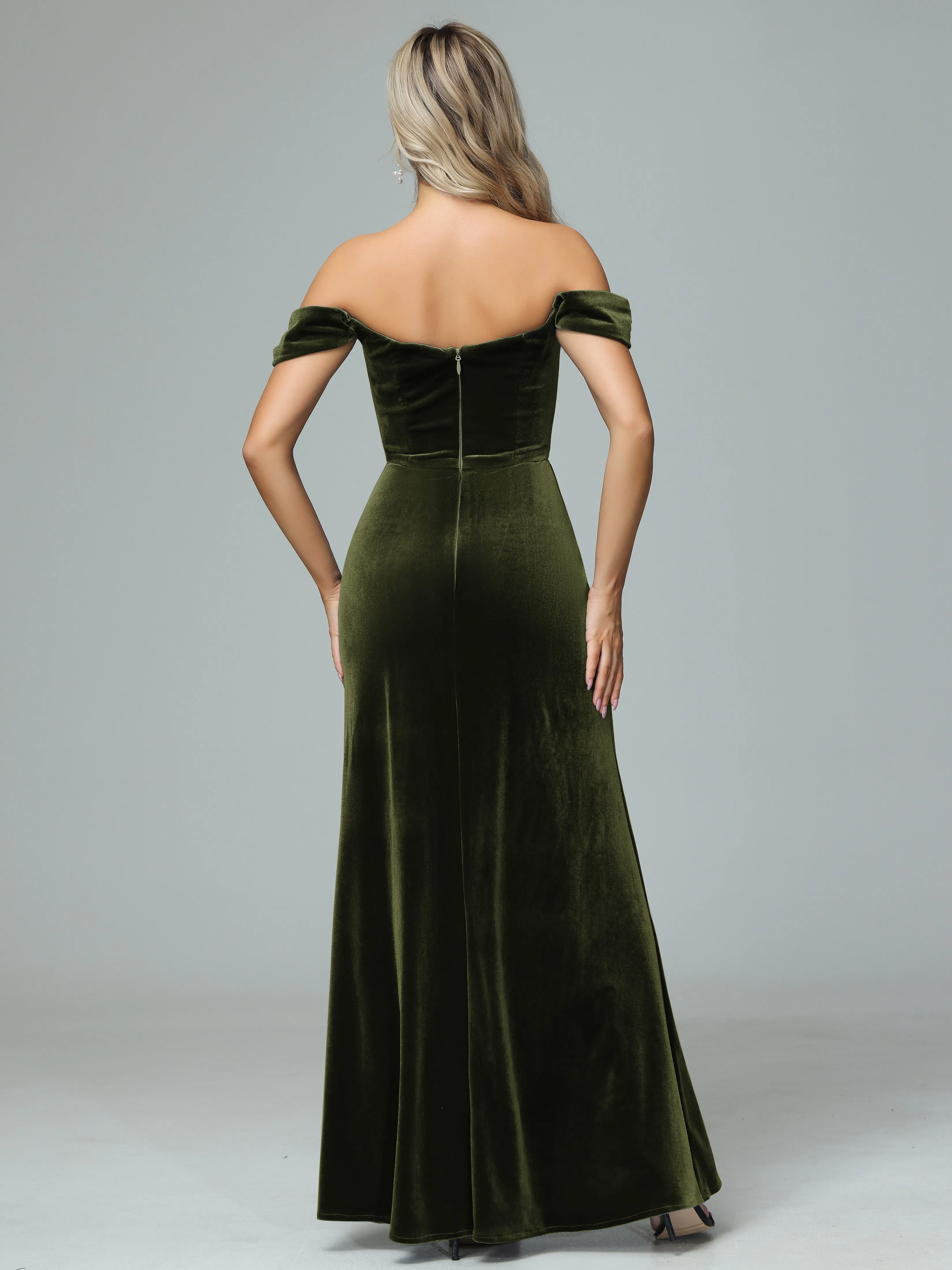 Off the Shoulder Column Velvet Bridesmaid Dresses with Slit