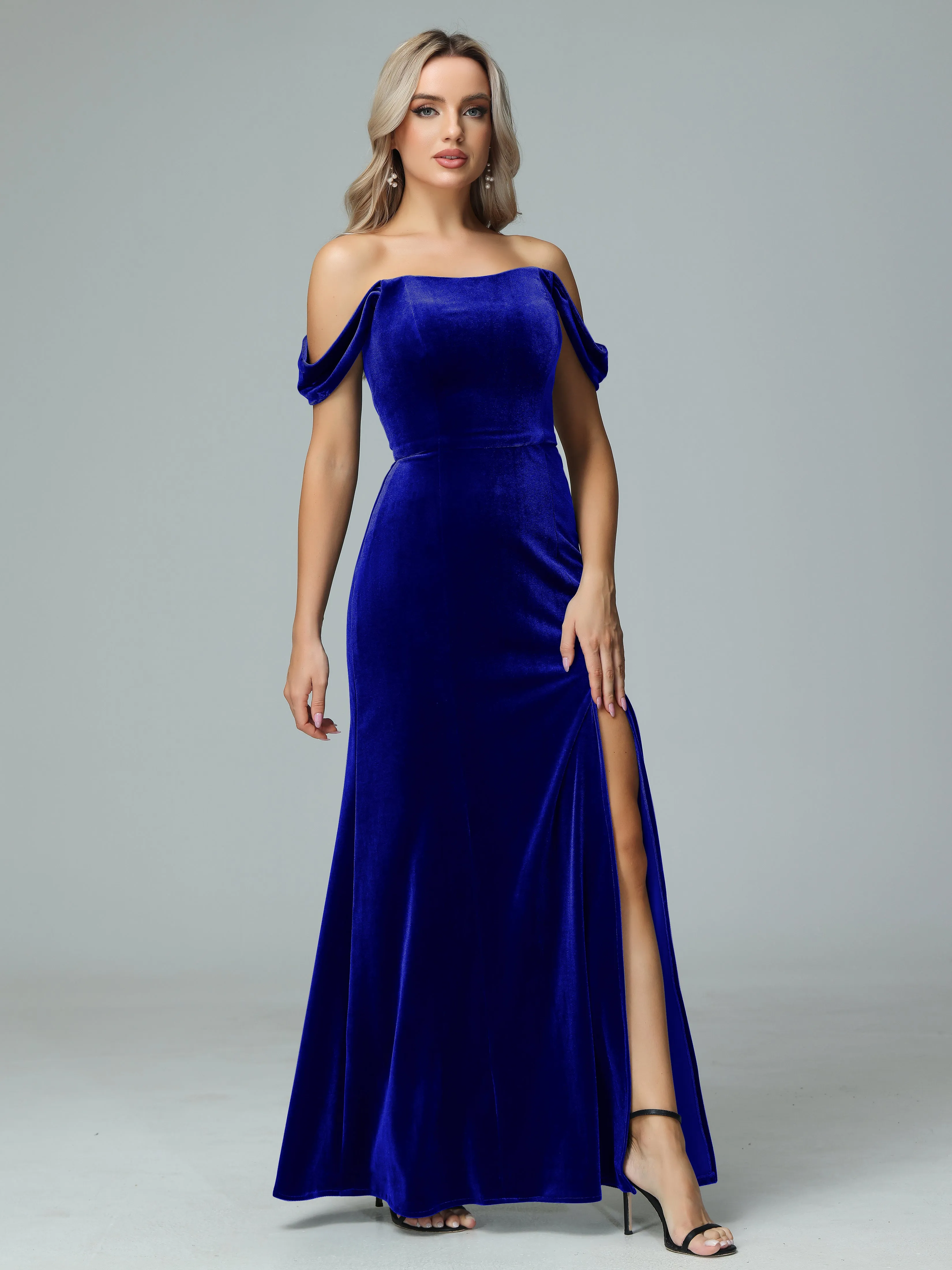 Off the Shoulder Column Velvet Bridesmaid Dresses with Slit