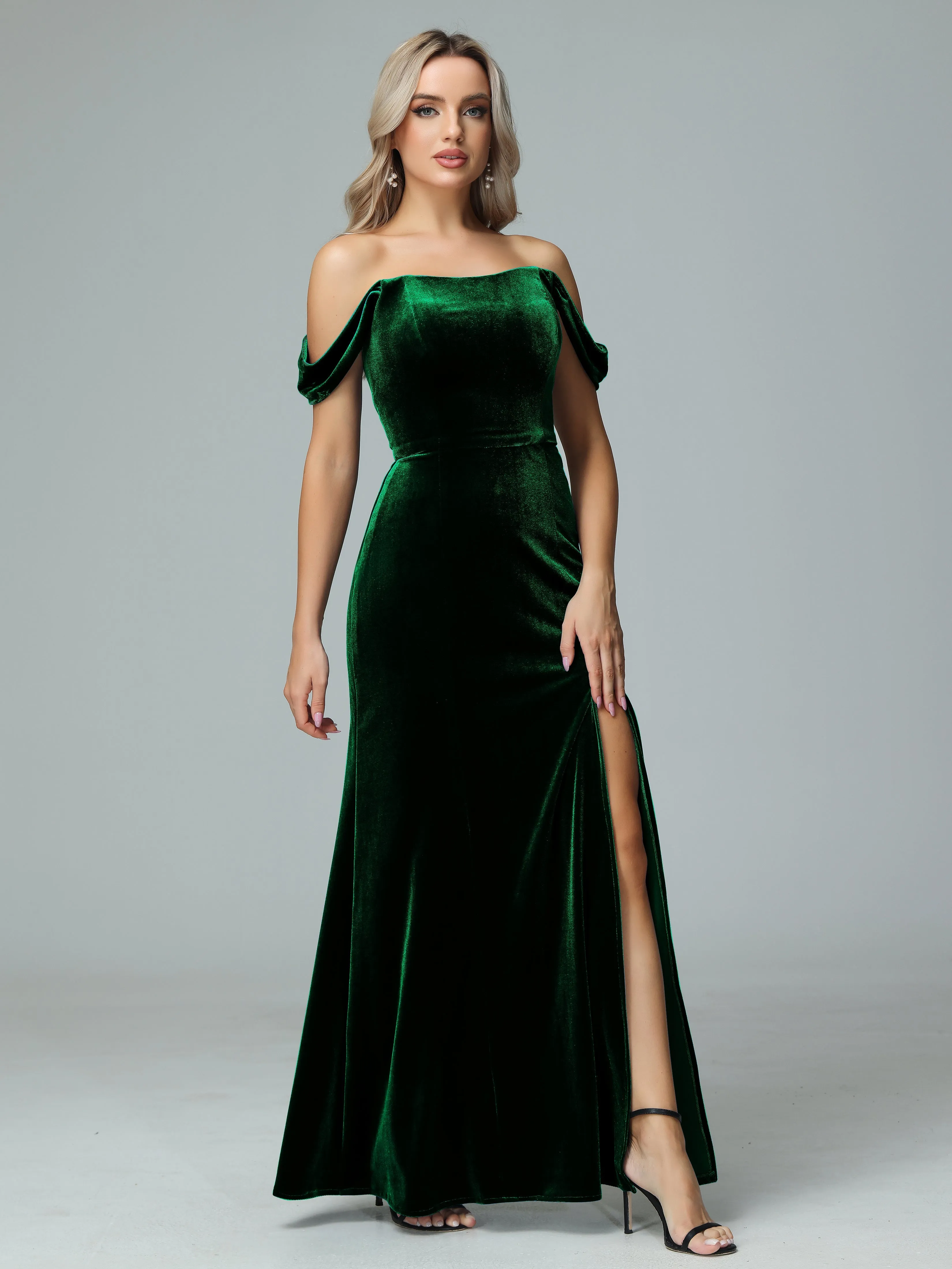 Off the Shoulder Column Velvet Bridesmaid Dresses with Slit