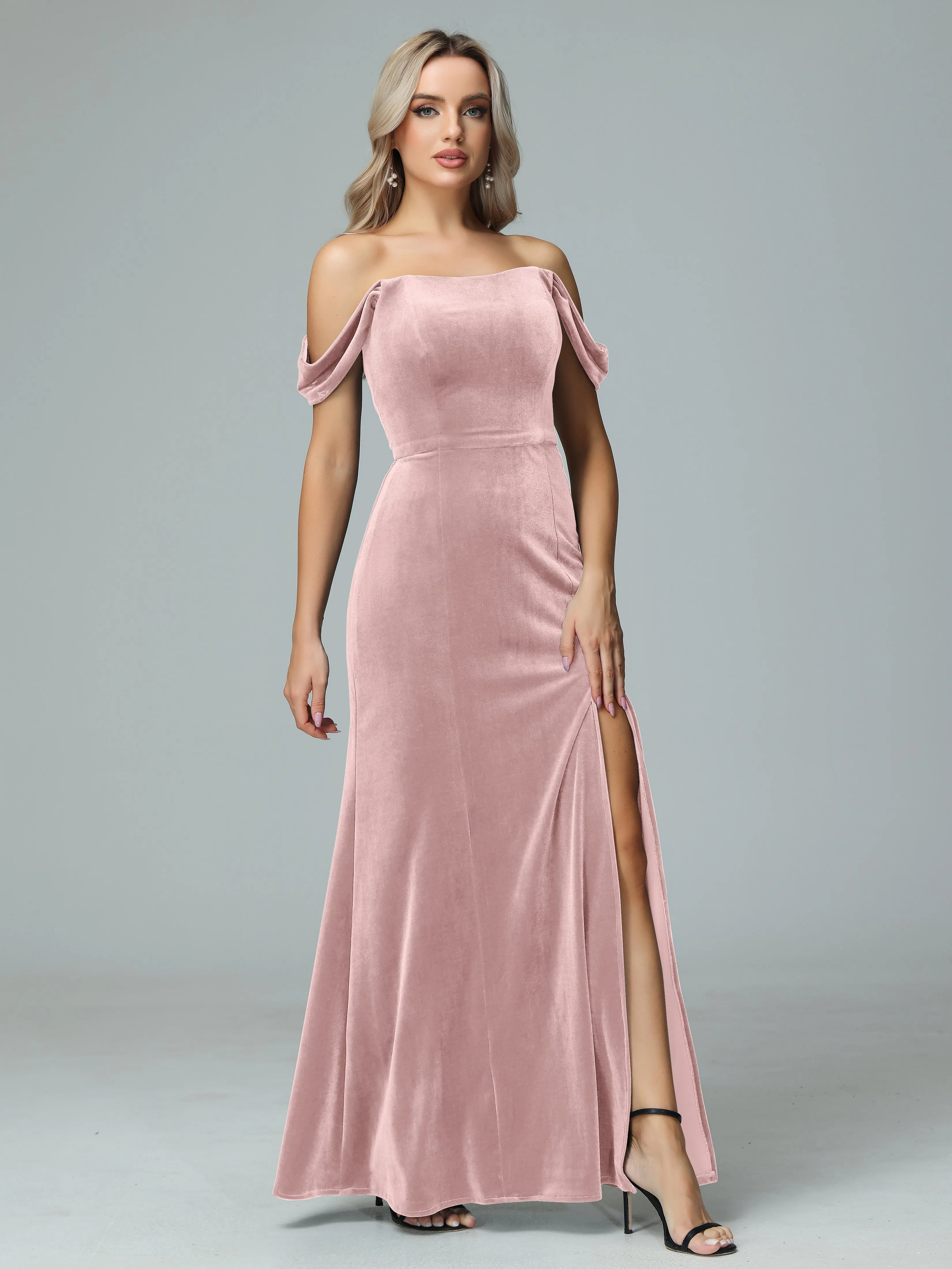 Off the Shoulder Column Velvet Bridesmaid Dresses with Slit