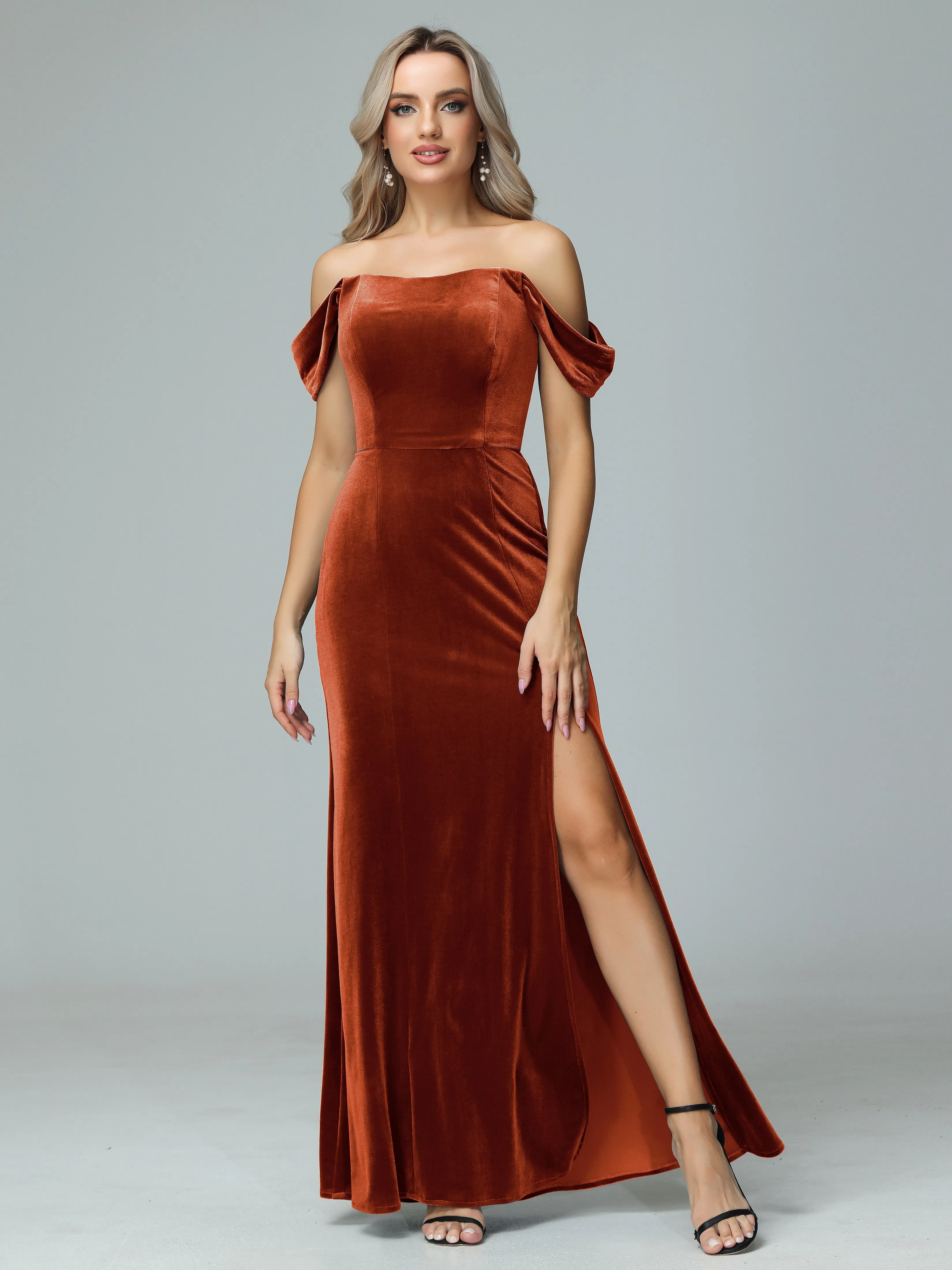 Off the Shoulder Column Velvet Bridesmaid Dresses with Slit