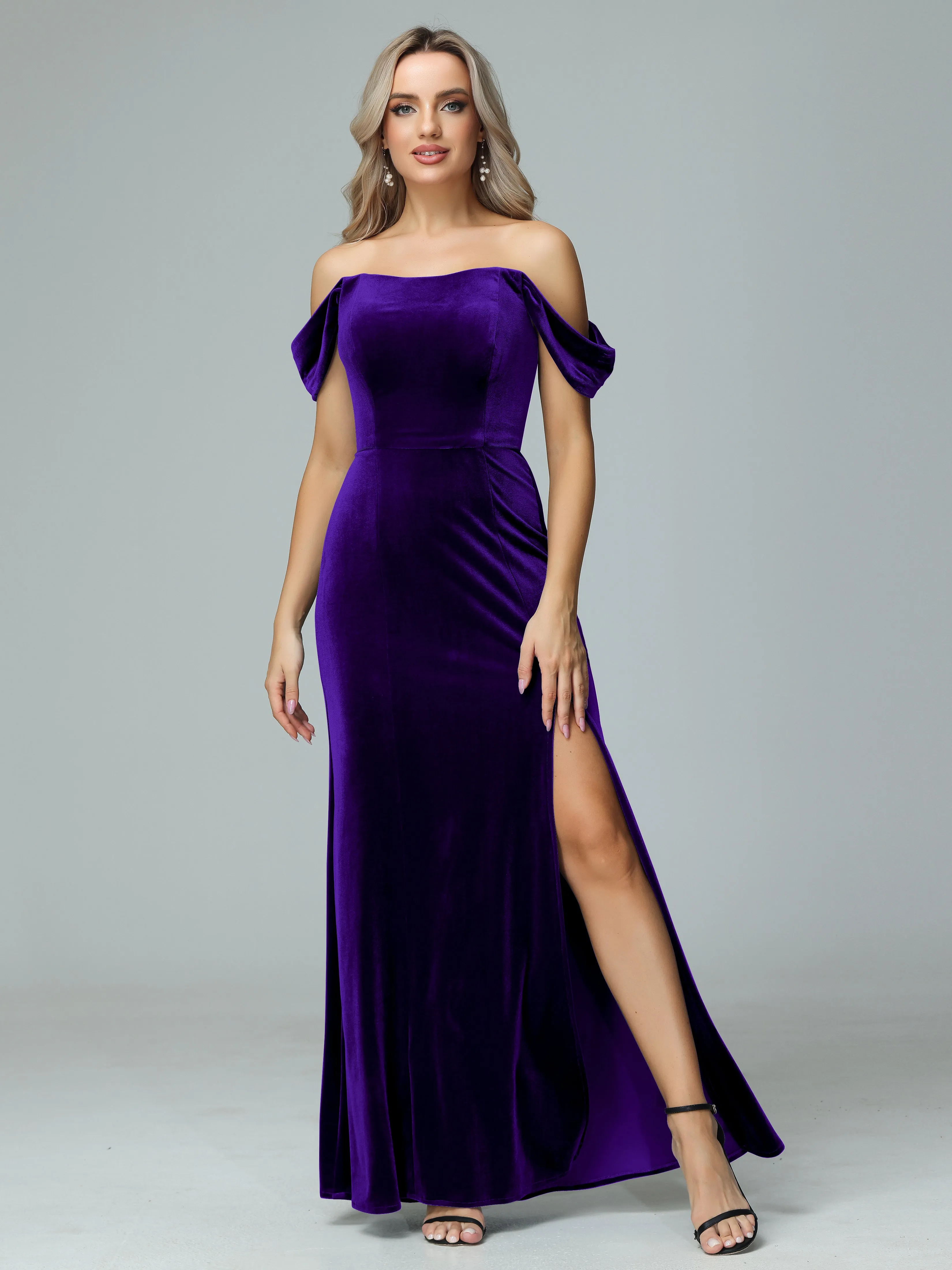 Off the Shoulder Column Velvet Bridesmaid Dresses with Slit