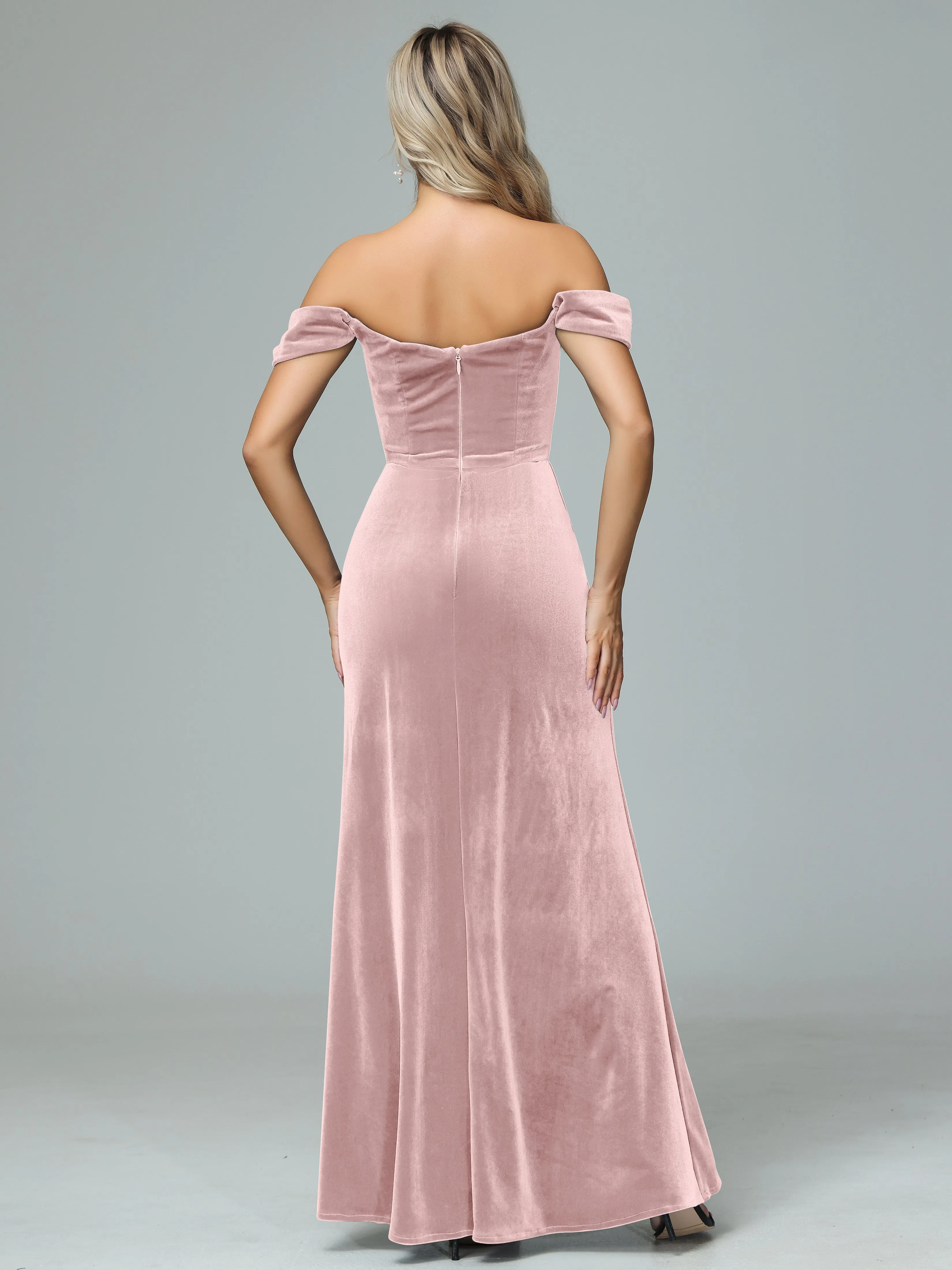 Off the Shoulder Column Velvet Bridesmaid Dresses with Slit