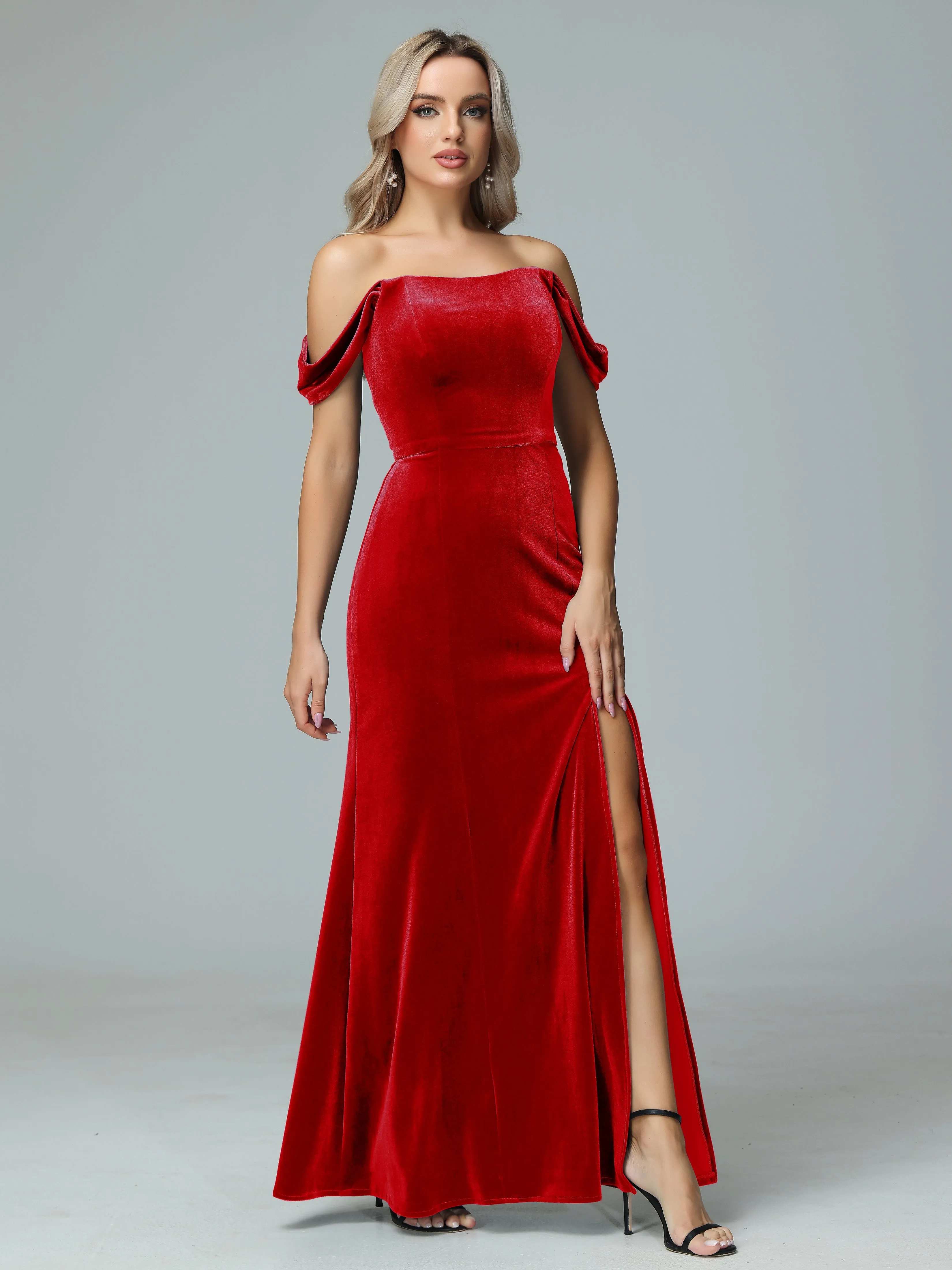 Off the Shoulder Column Velvet Bridesmaid Dresses with Slit