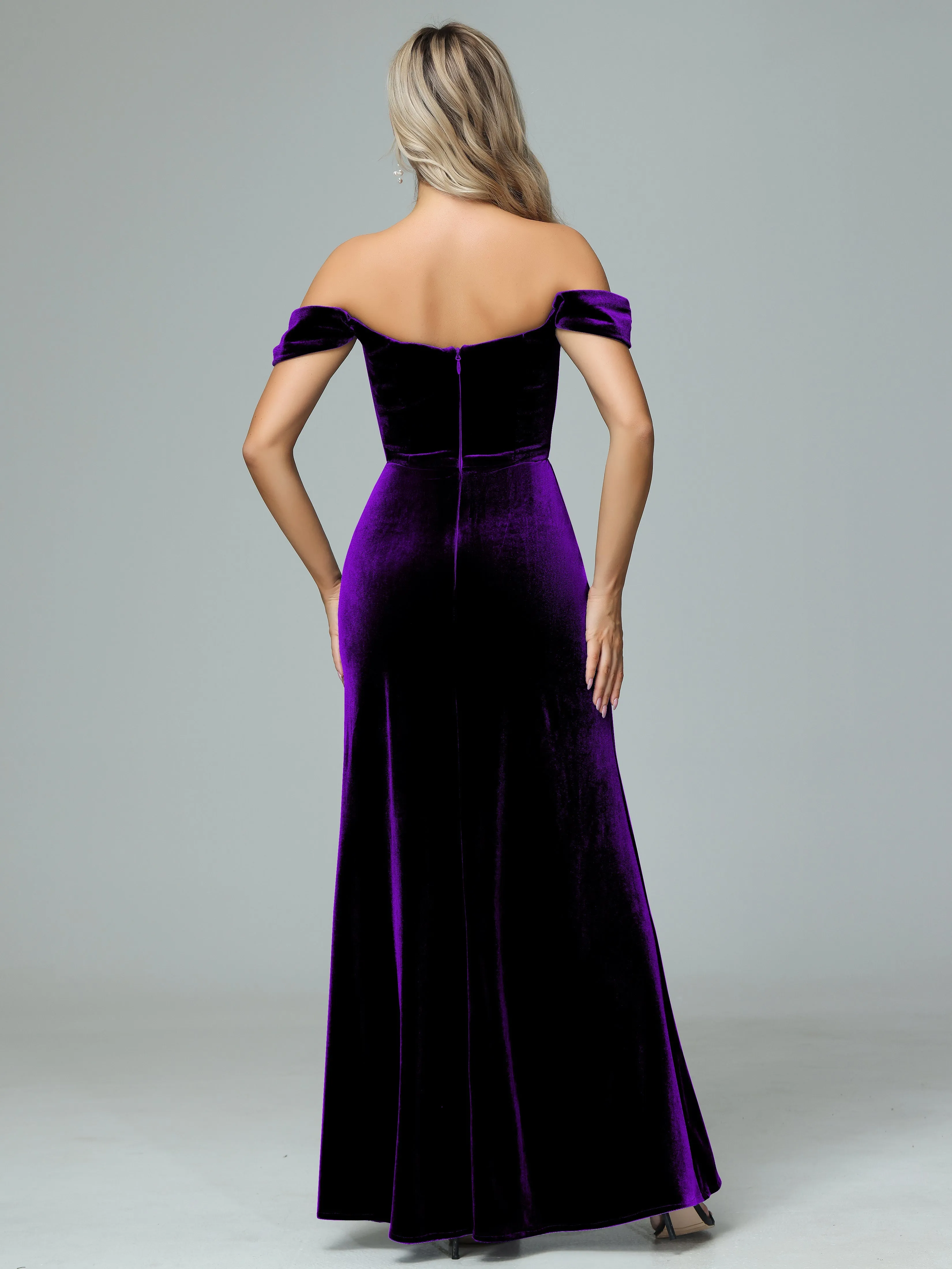 Off the Shoulder Column Velvet Bridesmaid Dresses with Slit