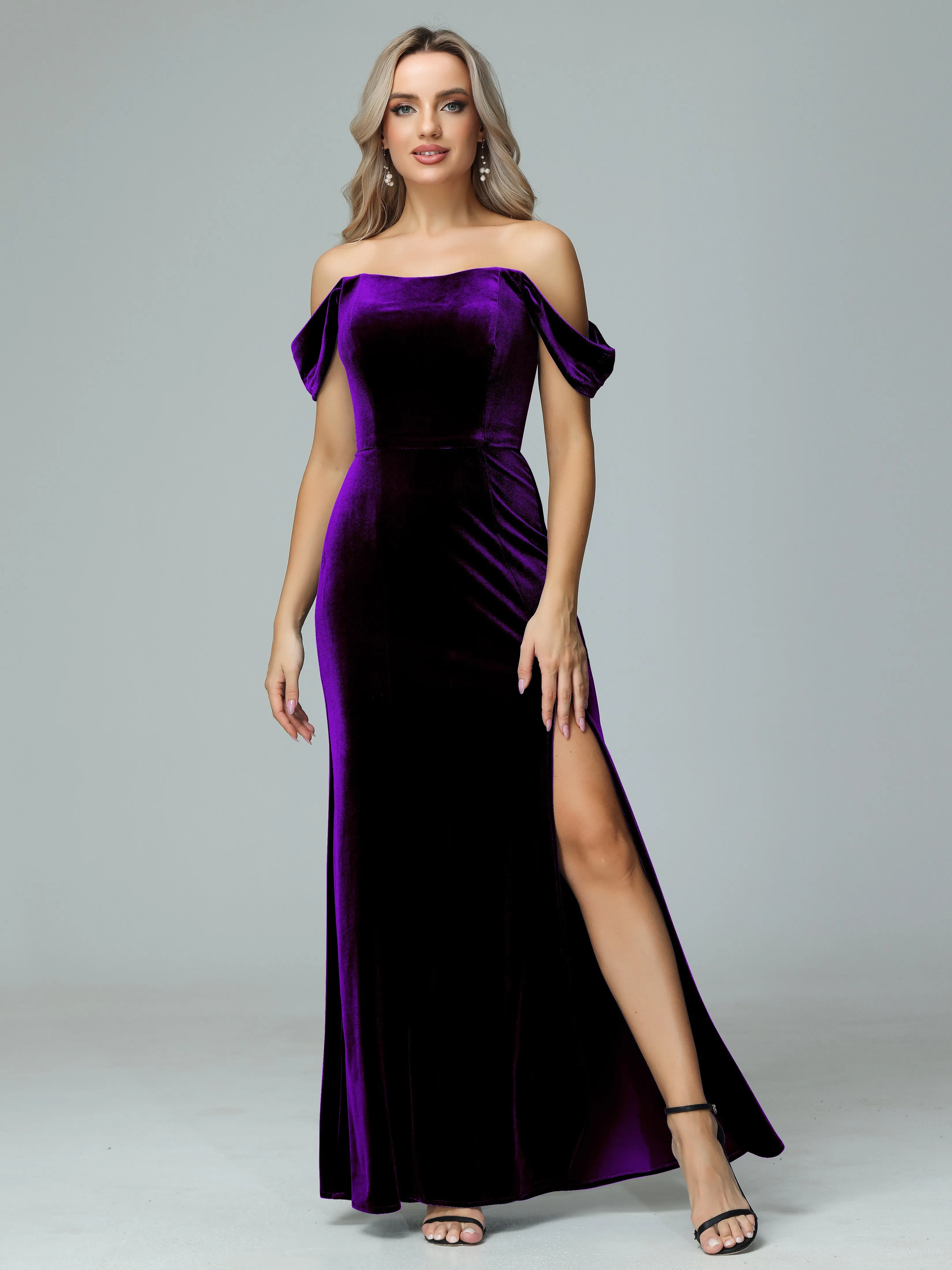 Off the Shoulder Column Velvet Bridesmaid Dresses with Slit