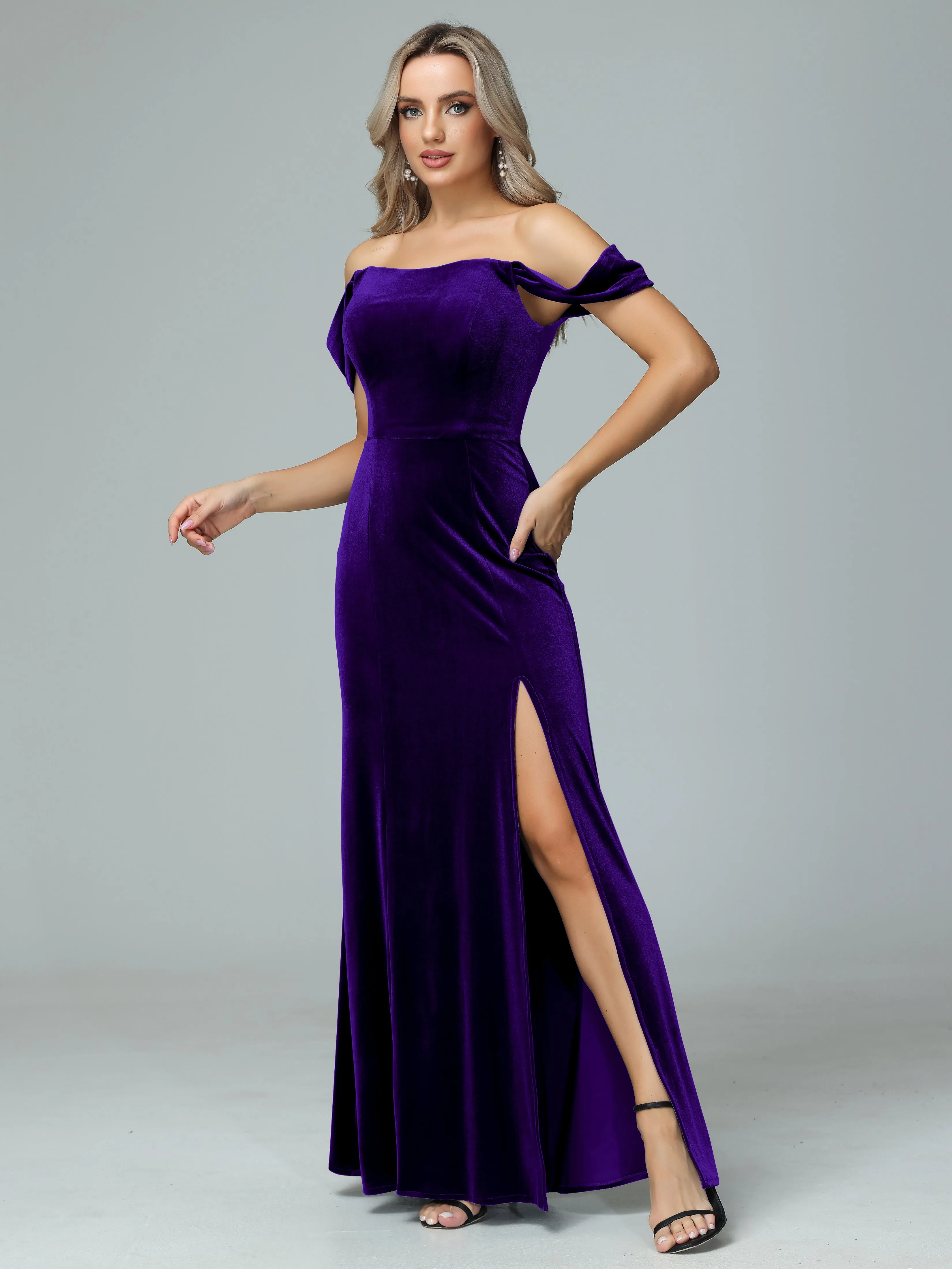 Off the Shoulder Column Velvet Bridesmaid Dresses with Slit
