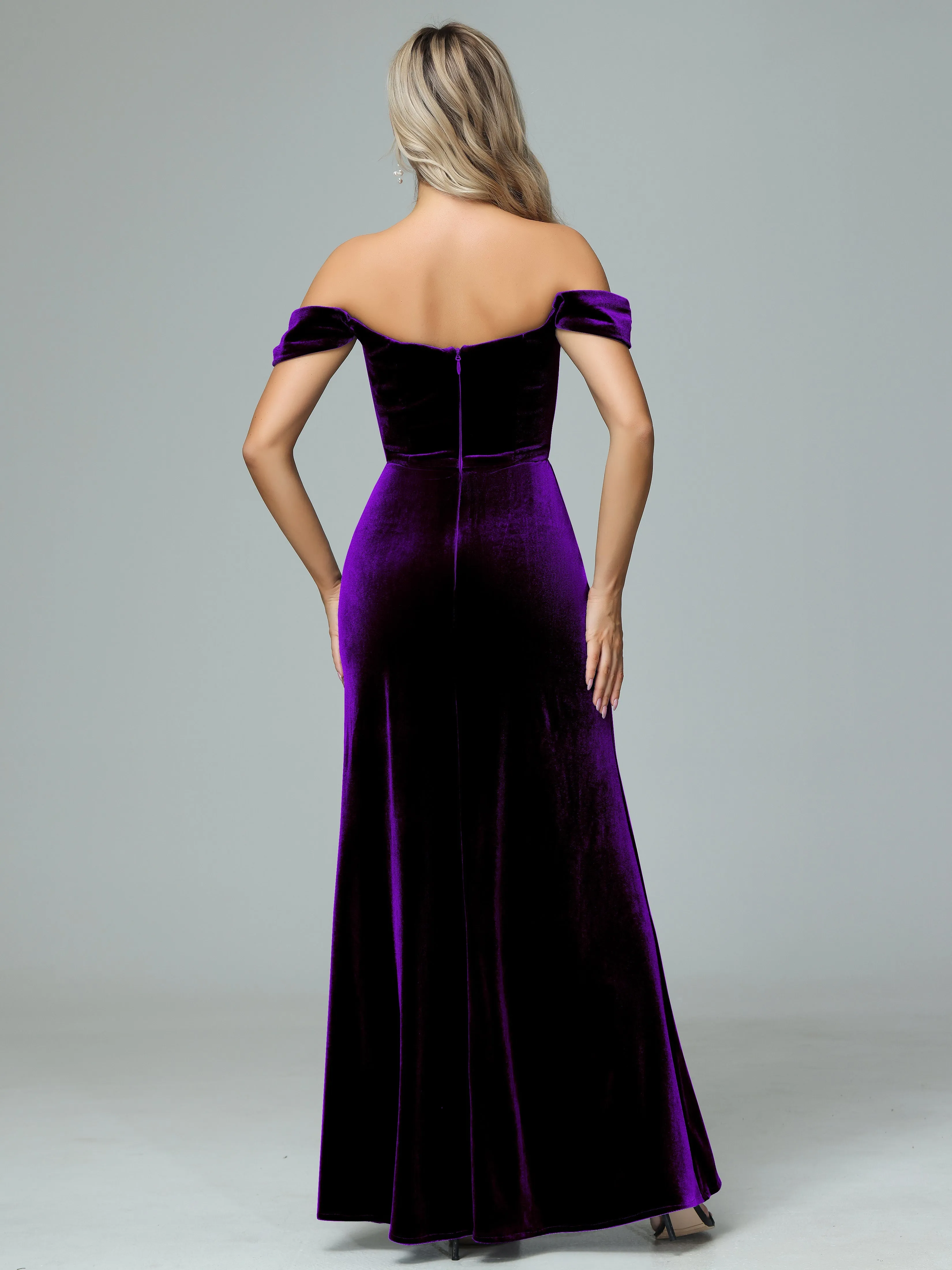 Off the Shoulder Column Velvet Bridesmaid Dresses with Slit